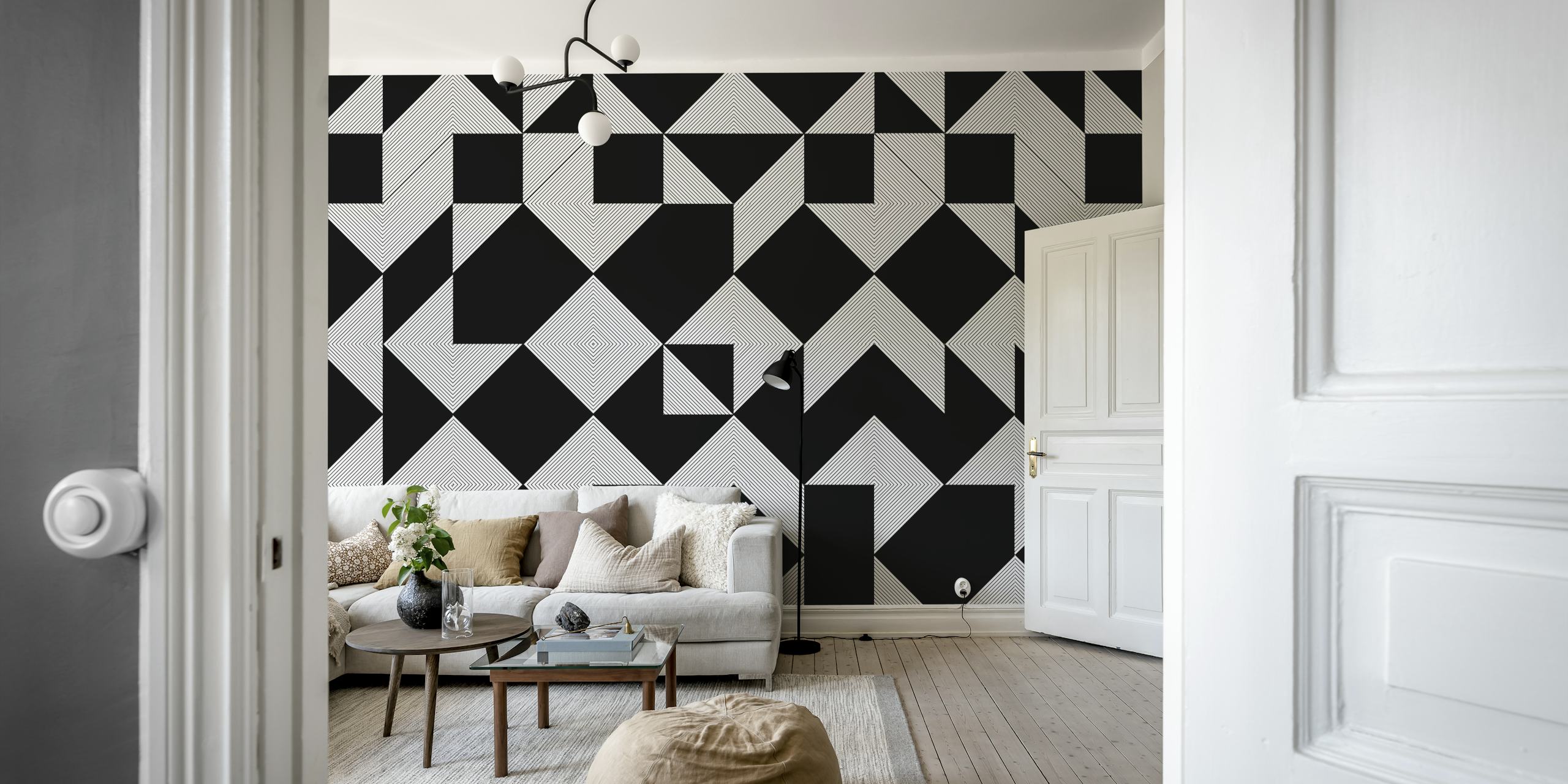 Papel tapiz geométrico en blanco y negro en una habitación