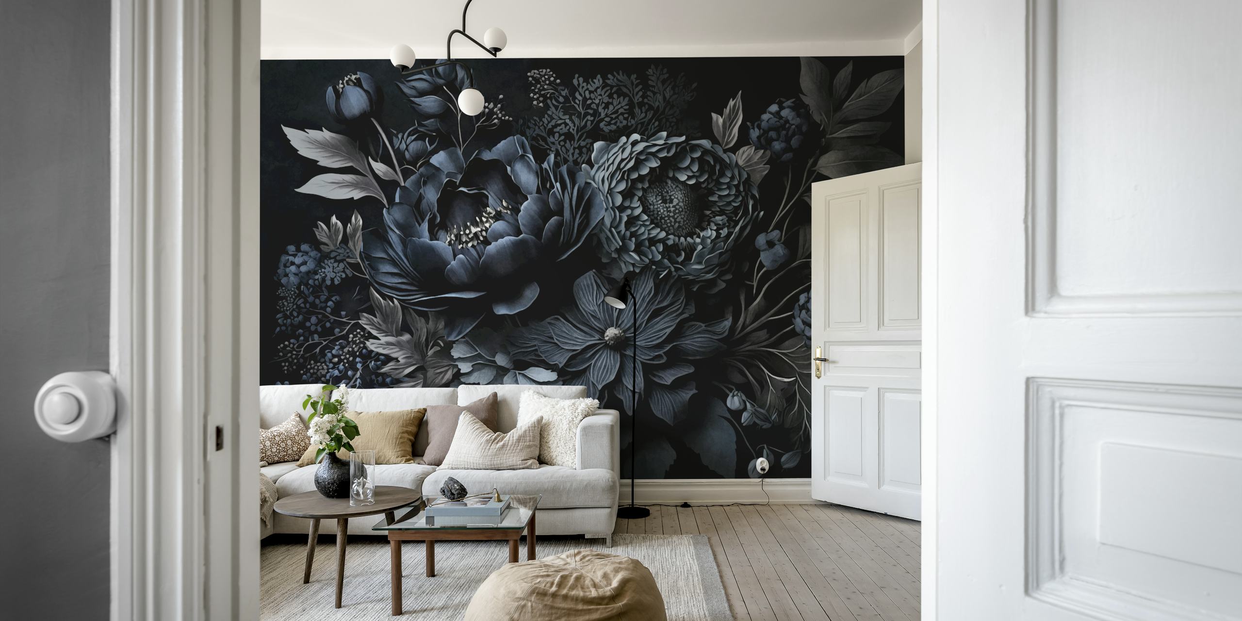 Renaissance-style wall mural featuring moody opulent flowers in shades of blue on a dark background