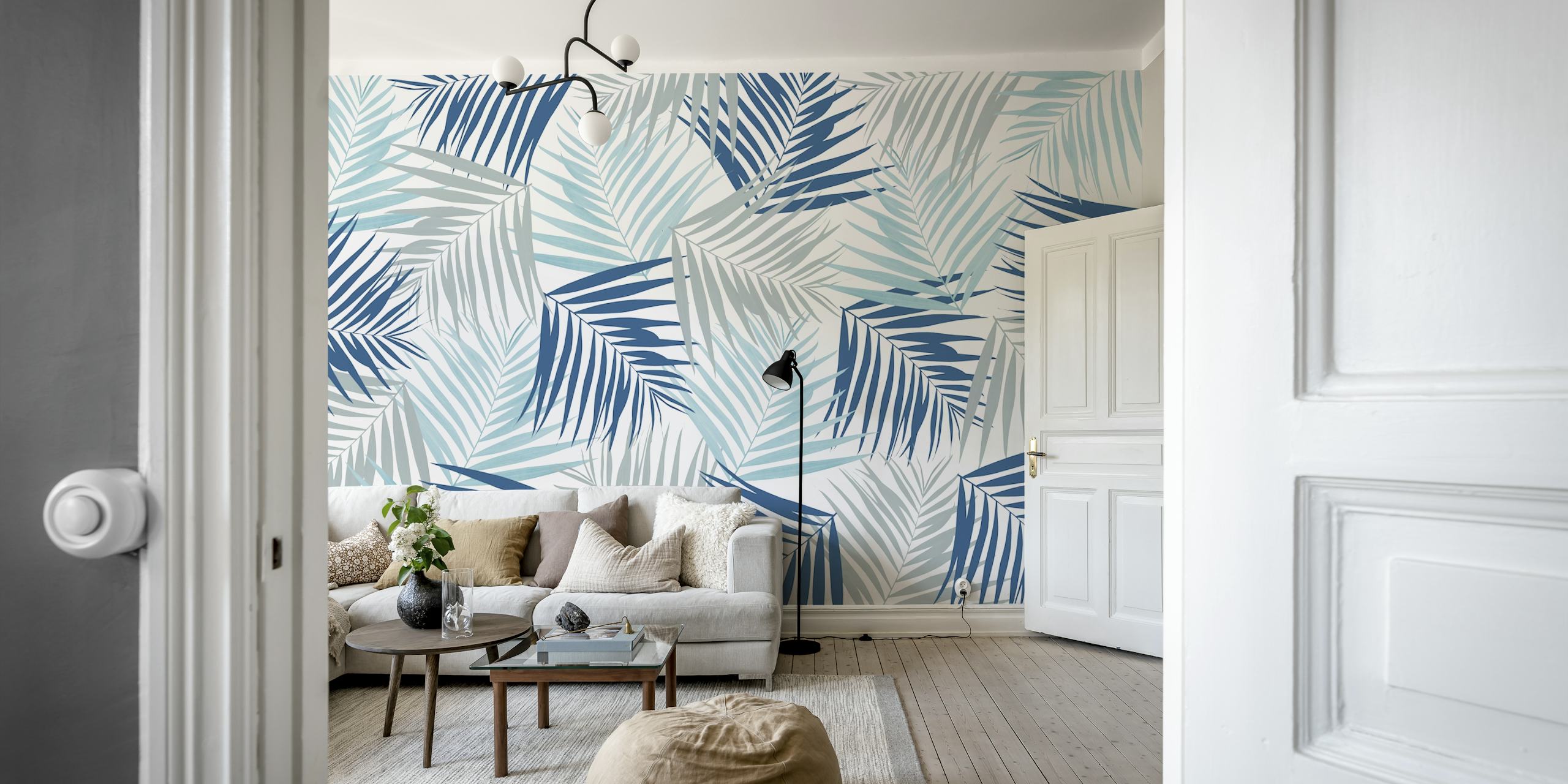 Motivi di foglie tropicali nei toni del blu su un murale chiamato Tropical Retro 4 (Coastal Vibes)