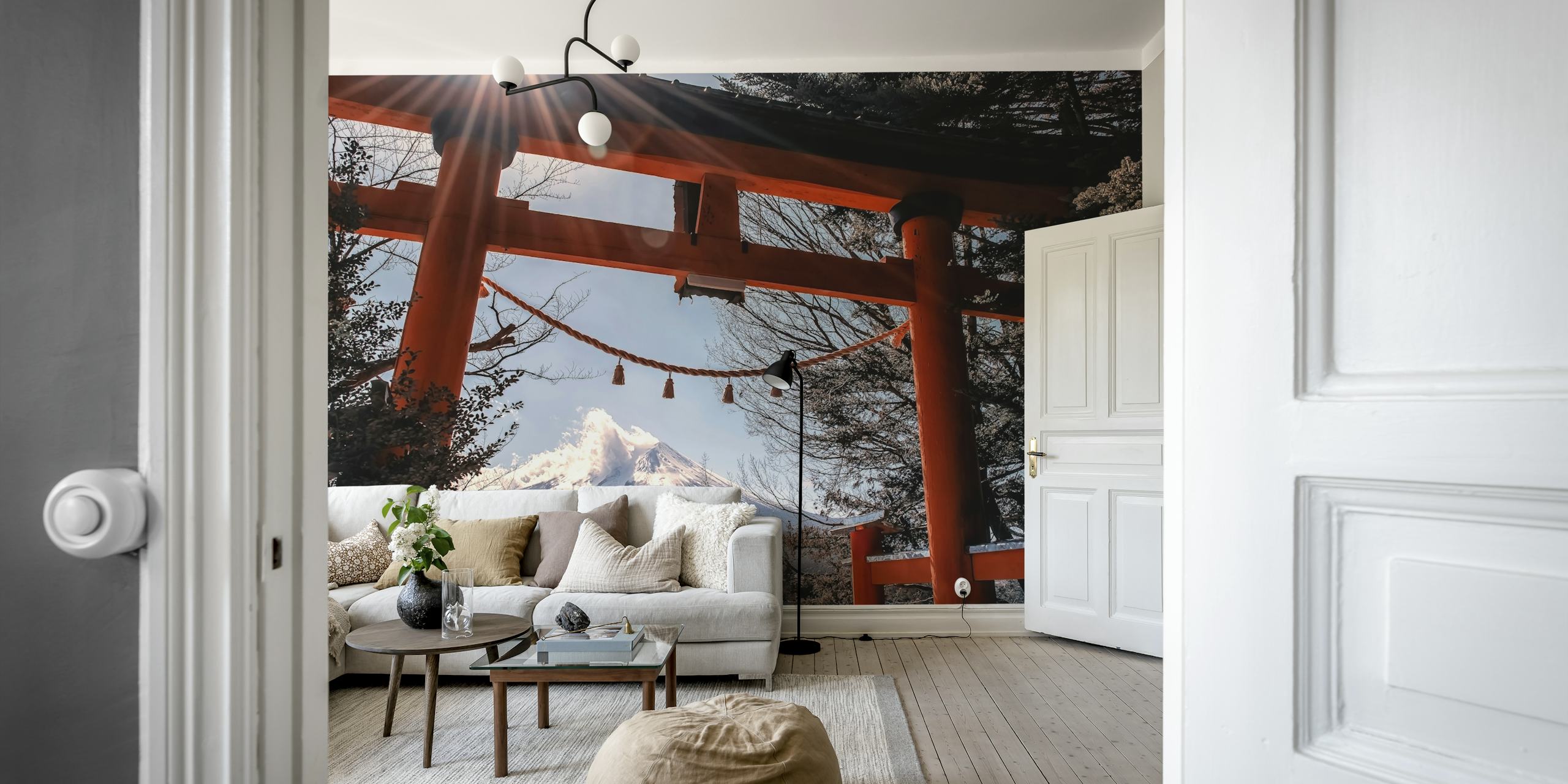 Mural de parede Chureito Pagoda com o Monte Fuji ao fundo emoldurado por um portão torii e árvores nevadas