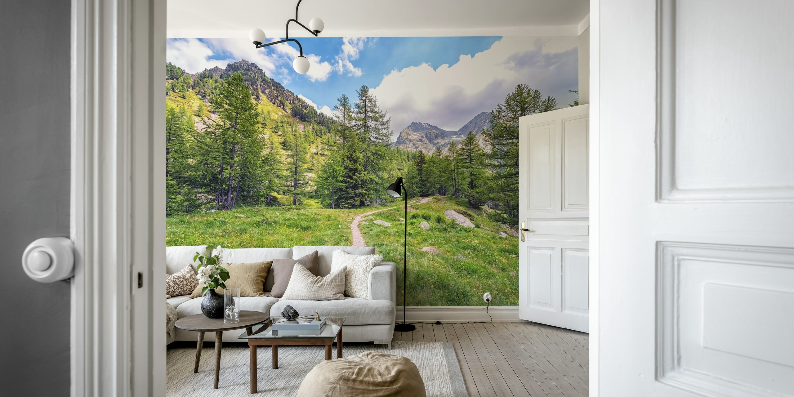 Mountain landscape with green trees and blue sky wallpaper