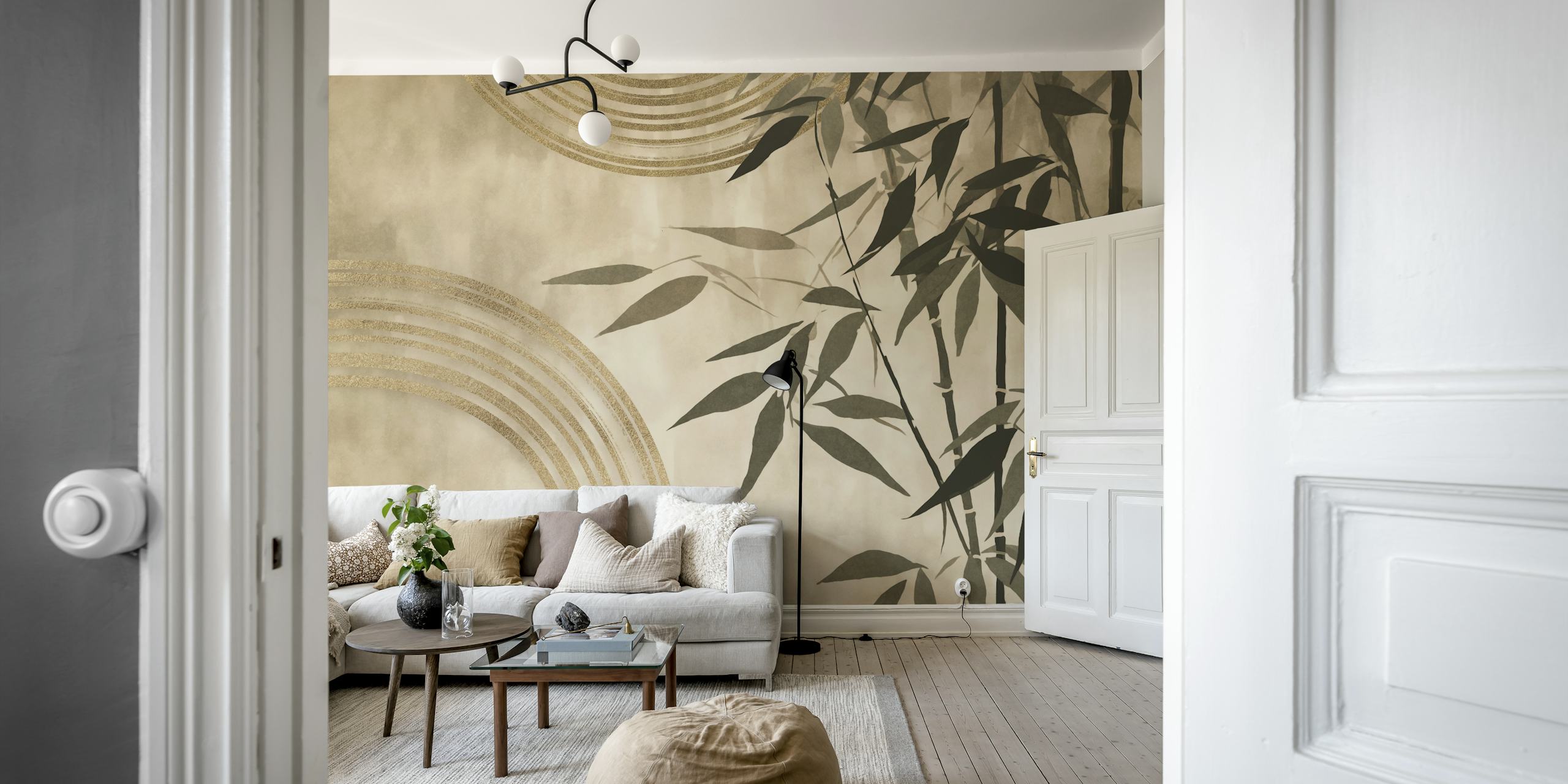 Wall mural of bamboo silhouettes with watercolor circular patterns on a creamy background