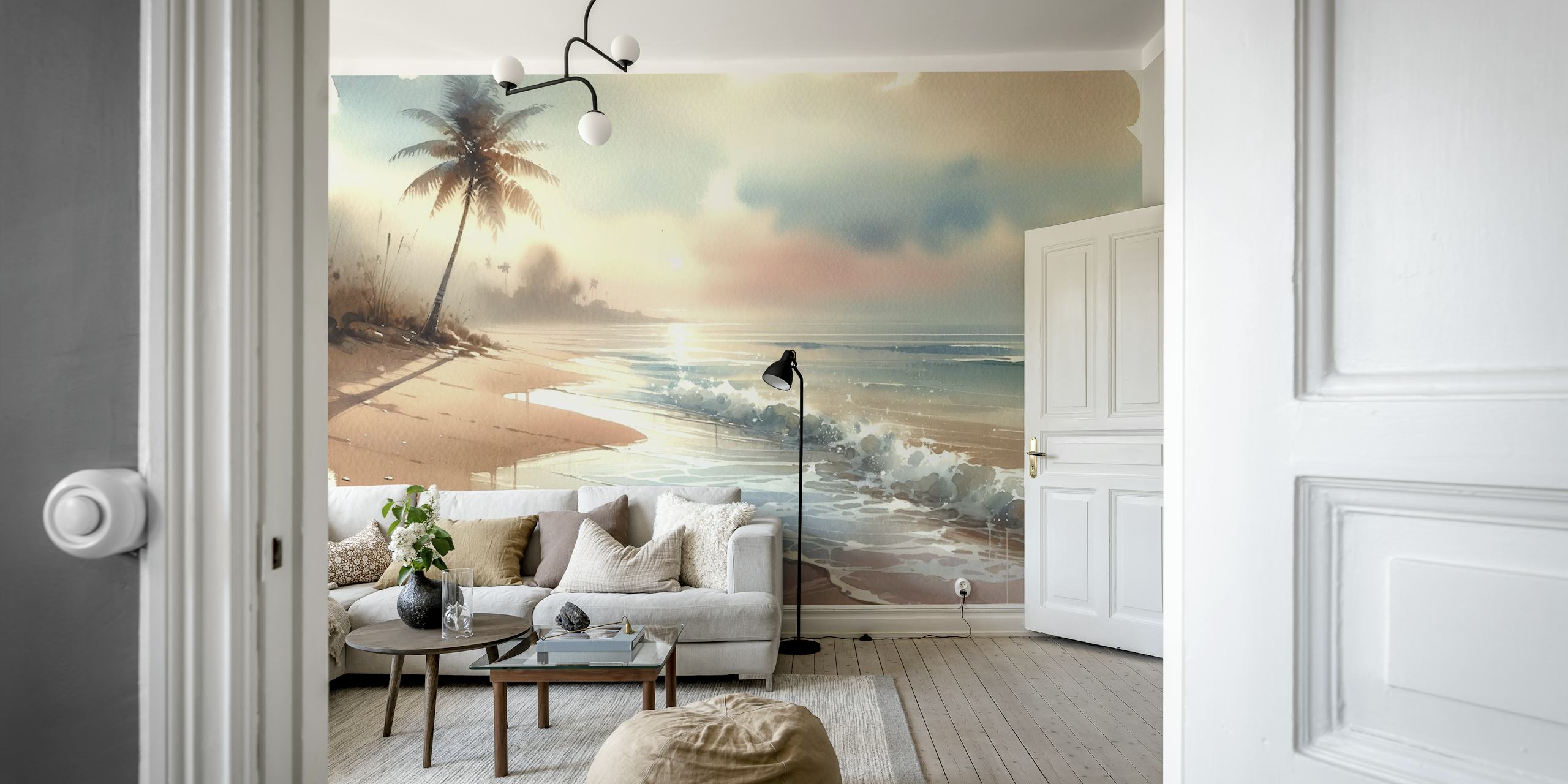Tropical beach at sunrise with palm tree and gentle waves wallpaper