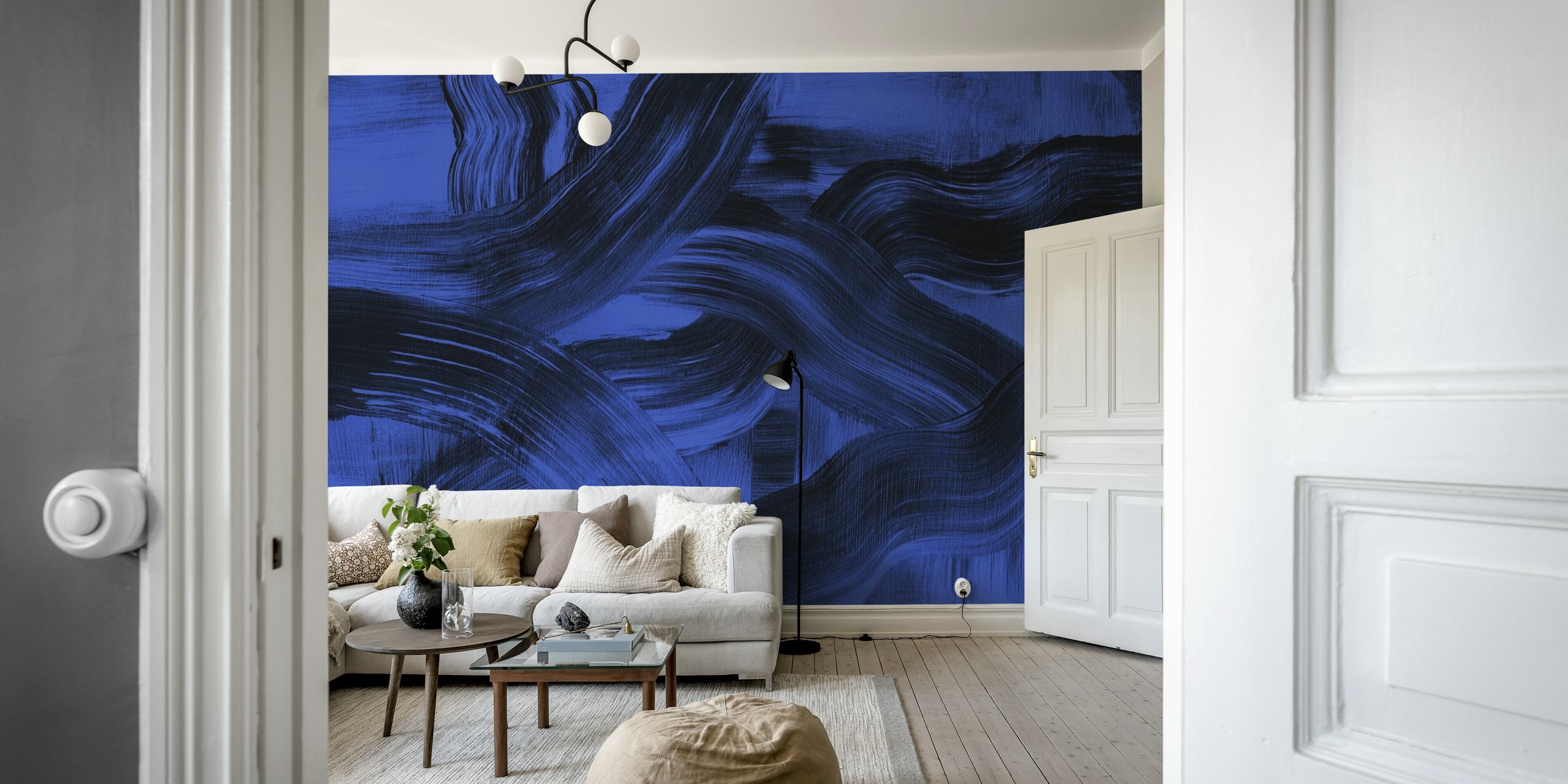 Blue abstract brush strokes wallpaper with flowing patterns.