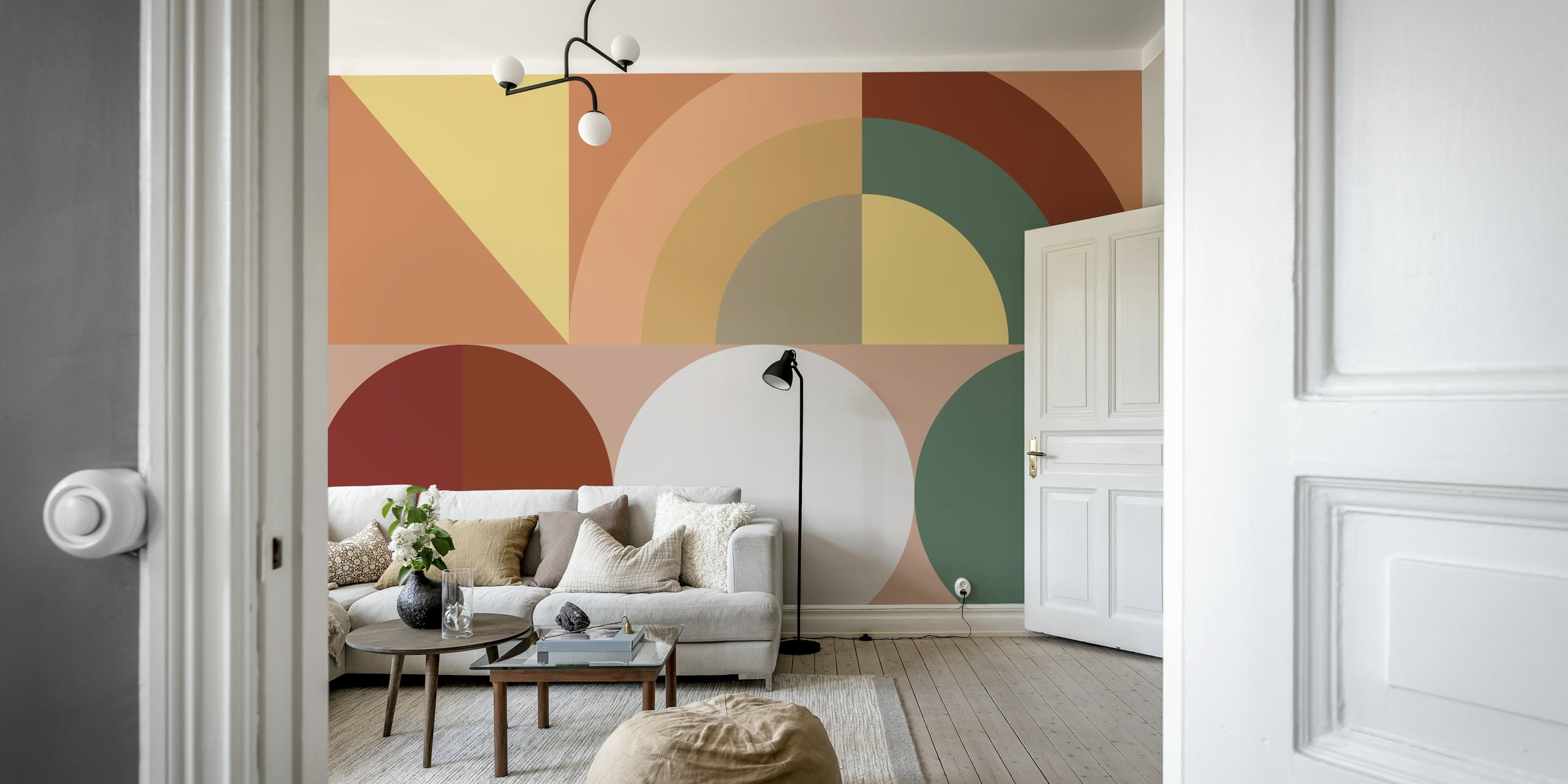 Geometric shapes in earthy tones orange, green, beige wallpaper