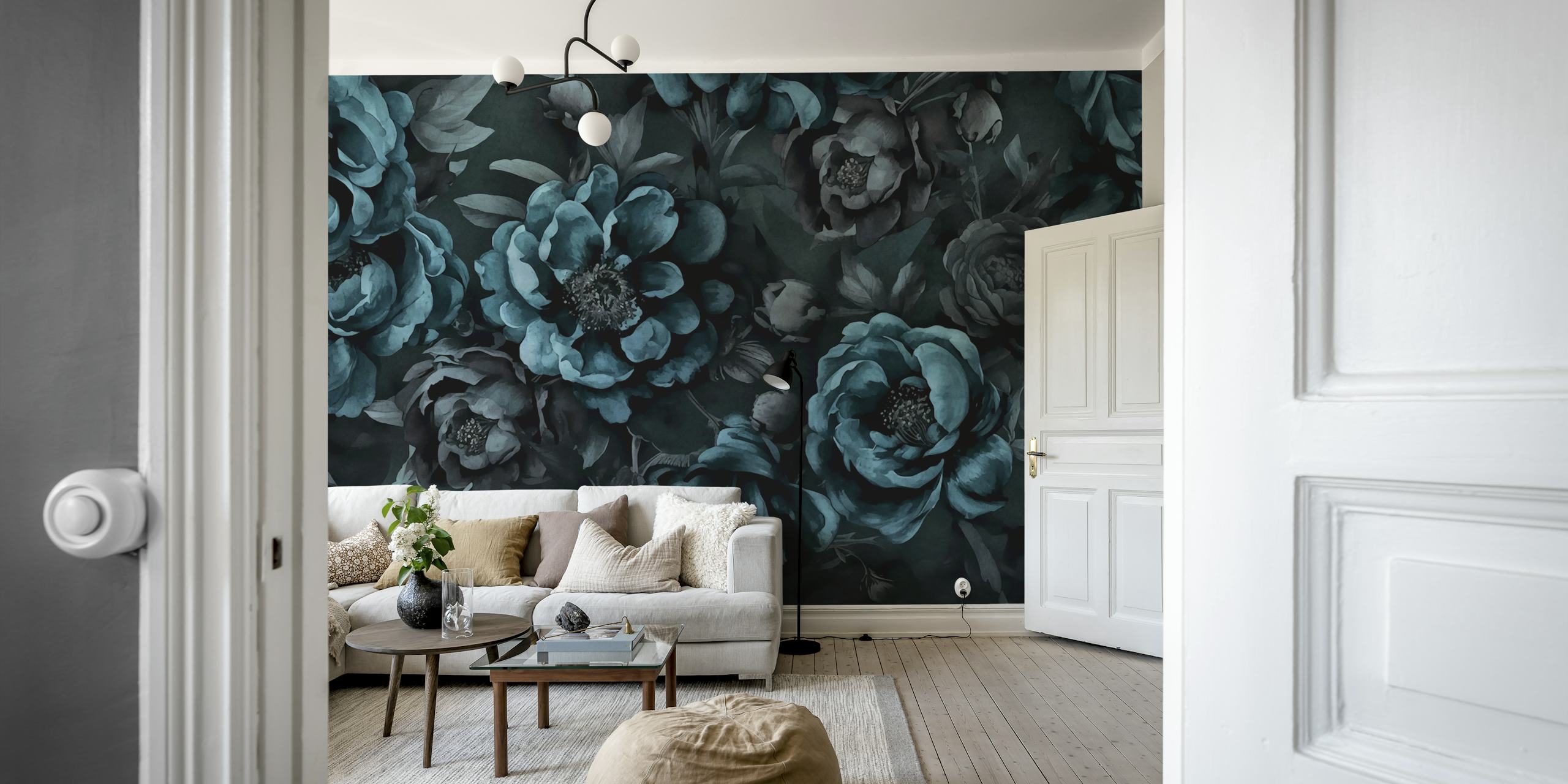 Blaugrüne Wandtapete mit Blumenaquarell und stimmungsvollem Barockdesign
