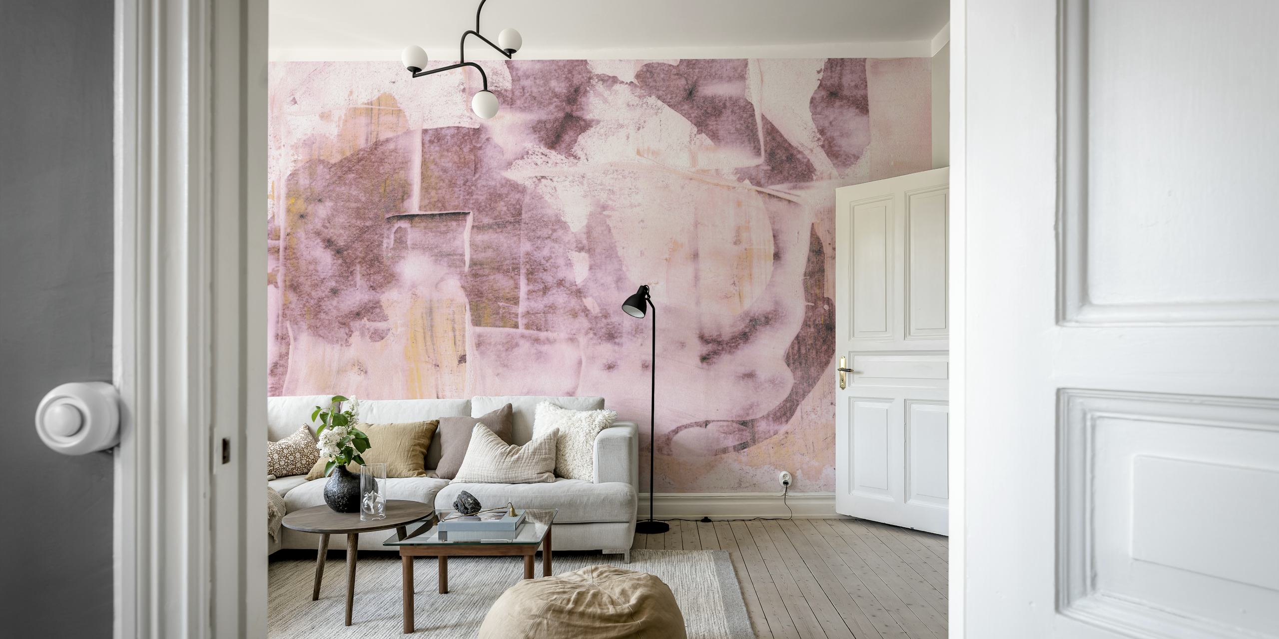 Pink and peachy concrete wallpaper in a room
