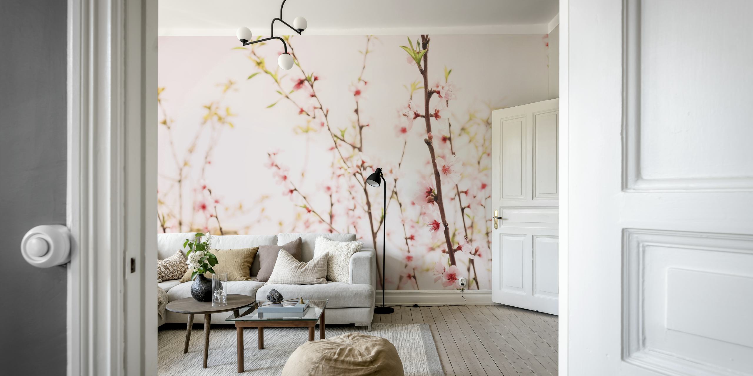 Branches with pink flowers on a light background wallpaper