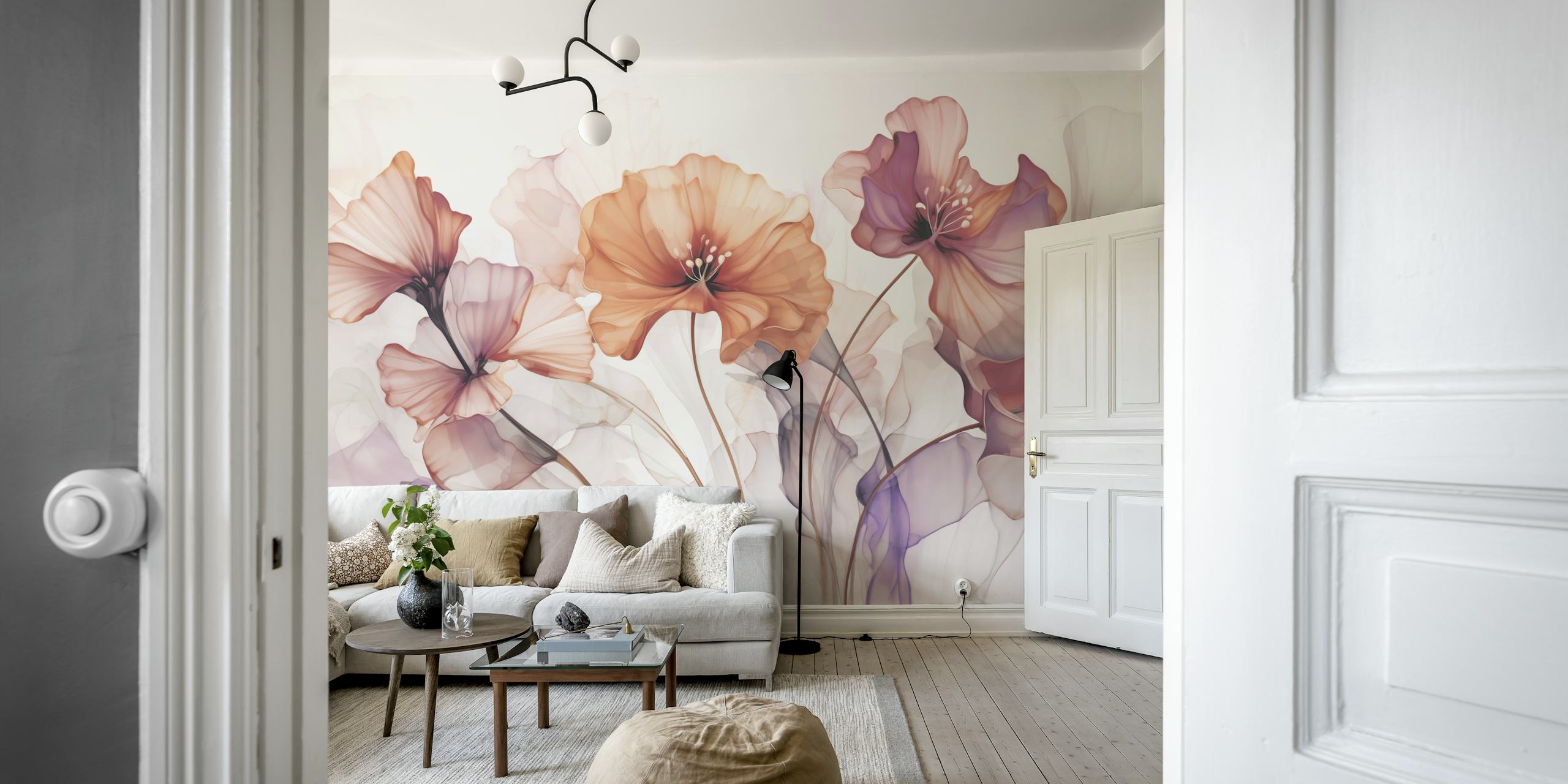 Ethereal Flower Fantasies Purple Peach wzór kwiatowy w pokoju