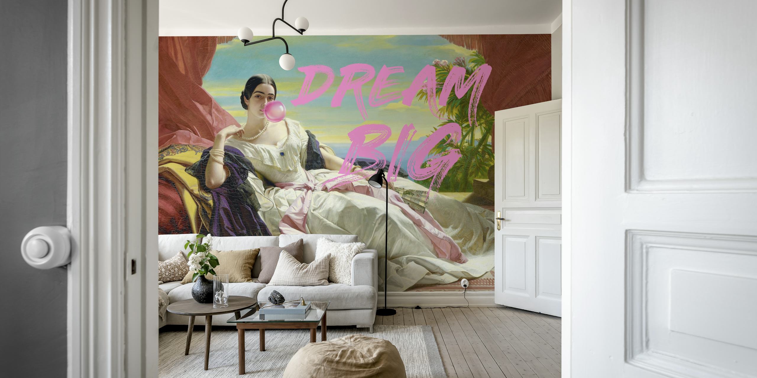 Vintage wallpaper featuring a woman blowing gum, pink accents, classical style
