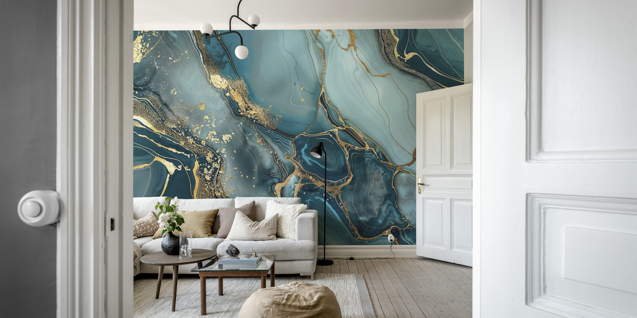 Teal and gold marble effect wallpaper with fluid patterns