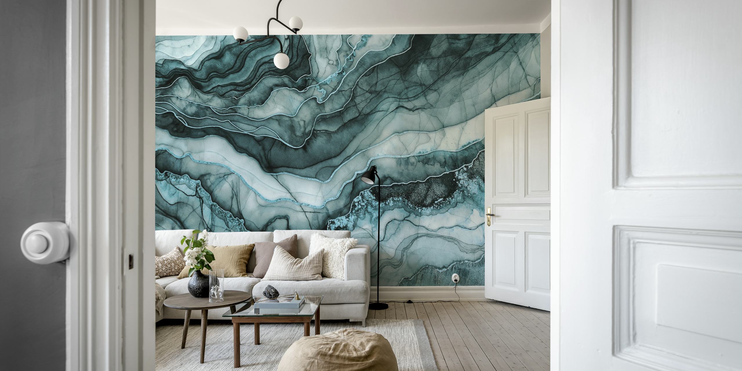 Abstract teal marble pattern wallpaper with swirling lines