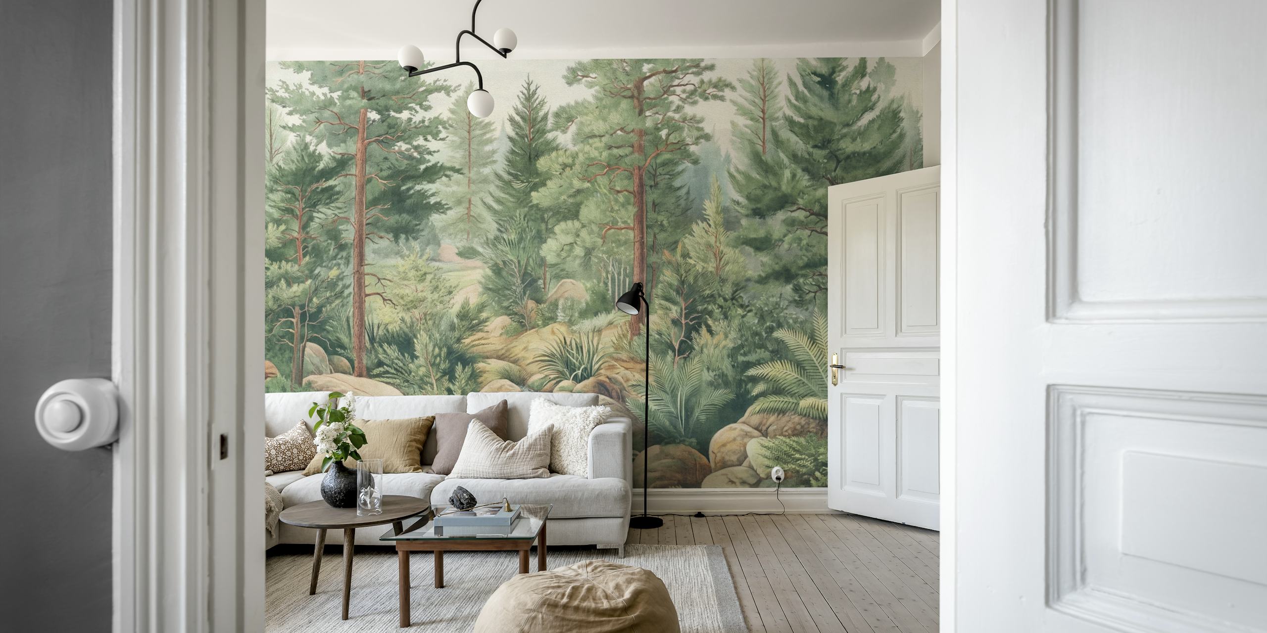 Green Pine Forest Oil Painting tapetti huoneessa