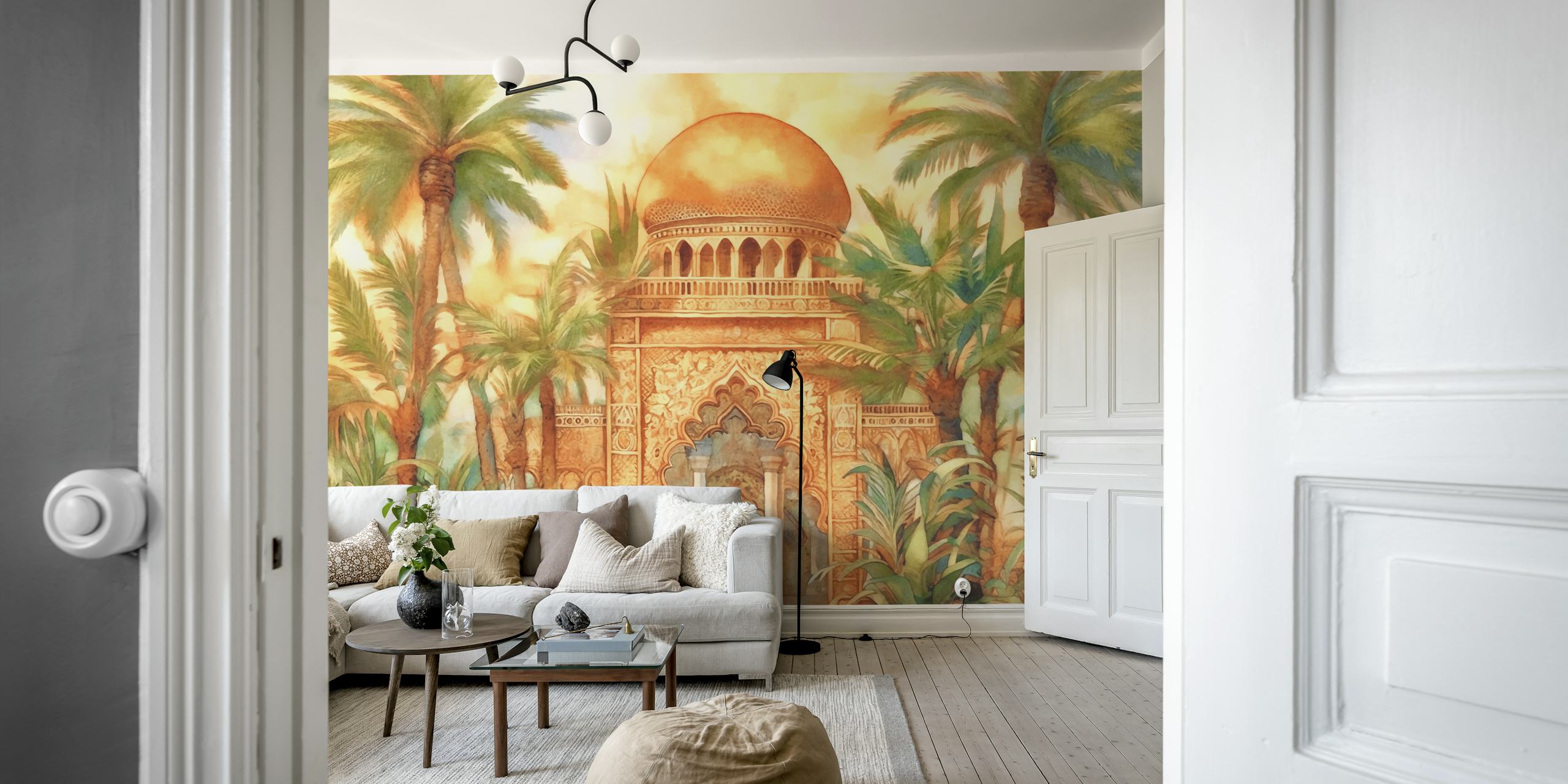 Tropical palm and ornate structure with golden dome wallpaper