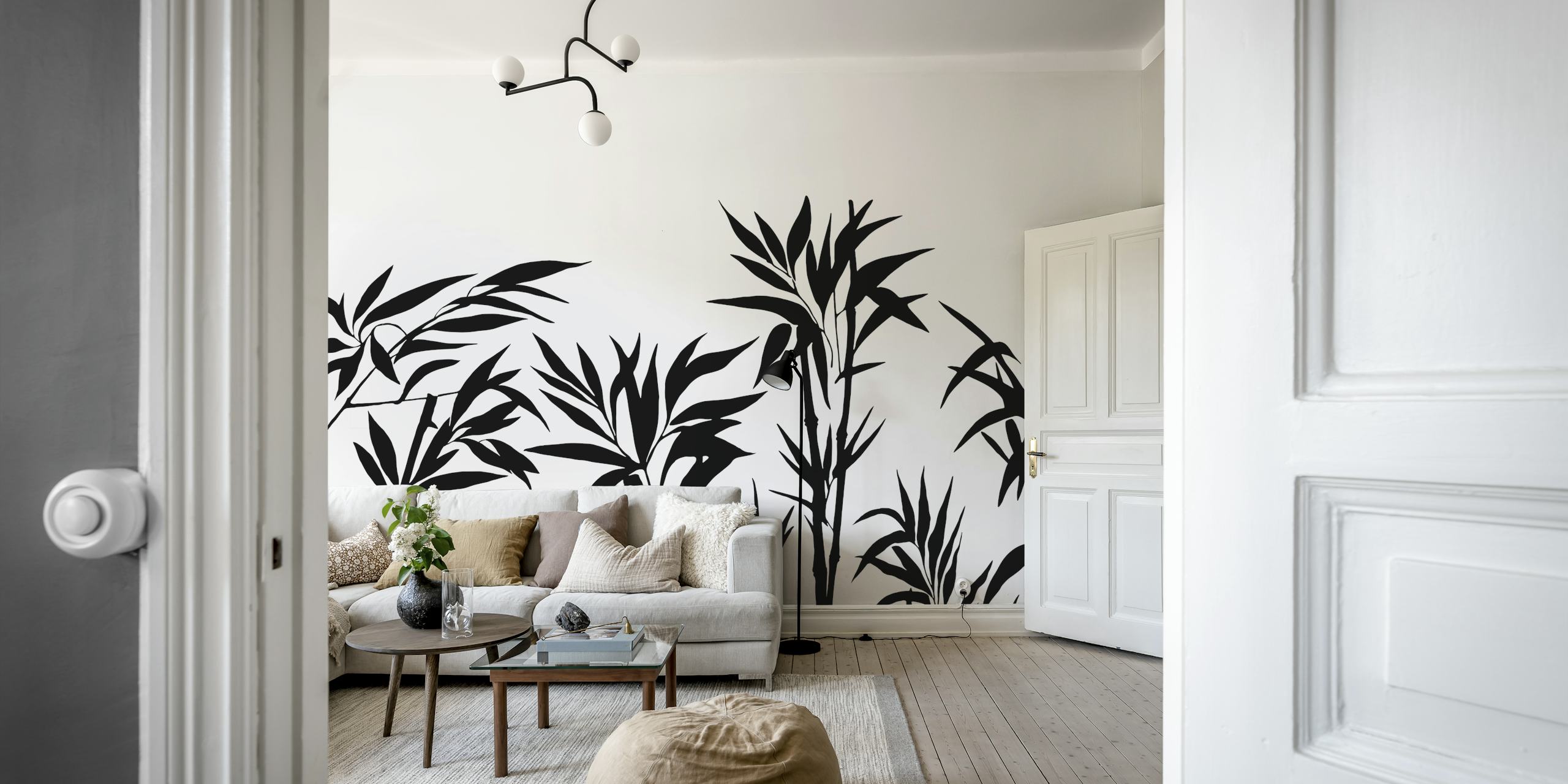 Black bamboo silhouettes against a white background wallpaper