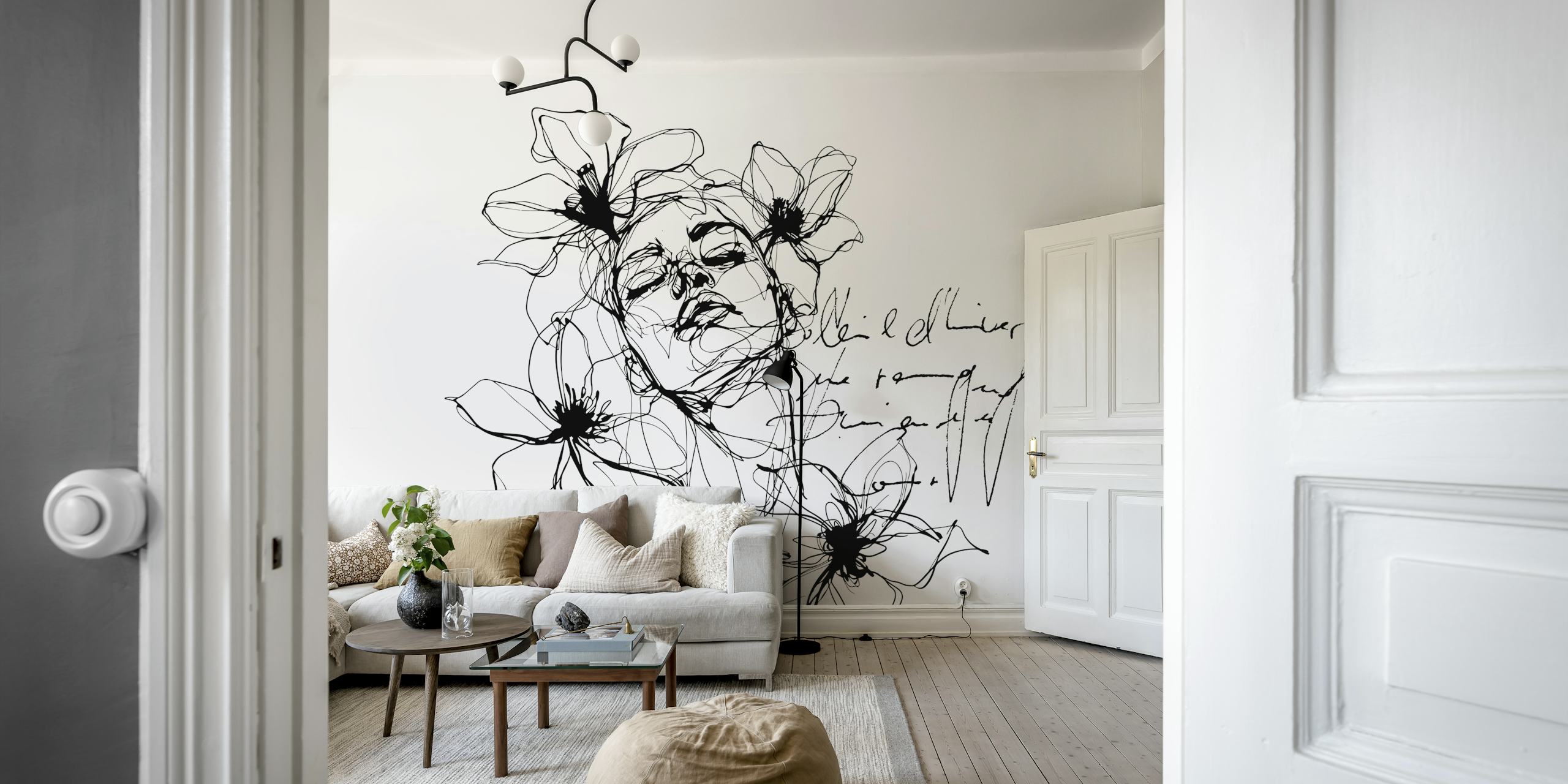 Minimalistická liniová fototapeta ženské postavy s květinovými akcenty v černé a bílé
