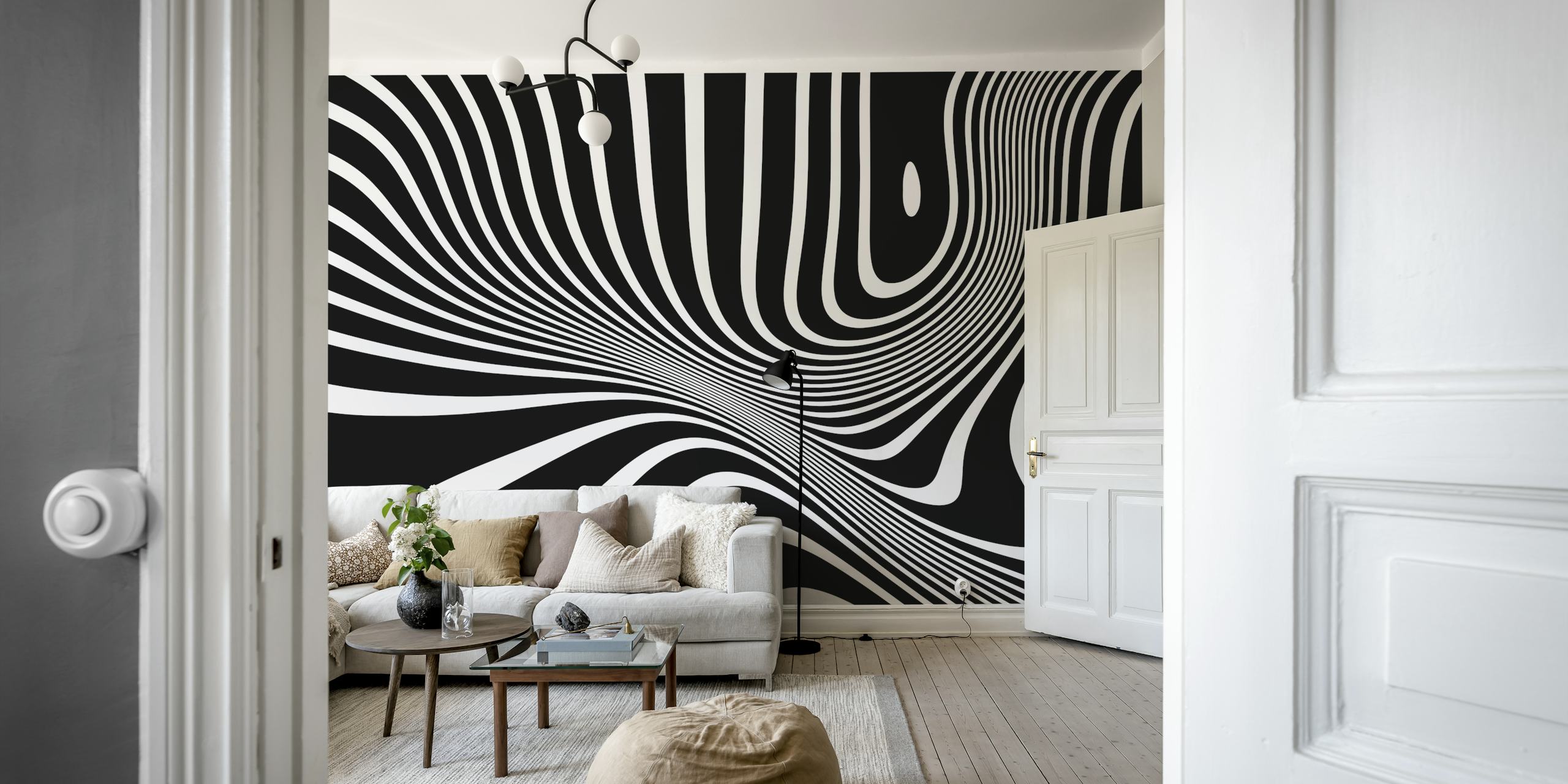 Retro black and white op-art wallpaper in a room