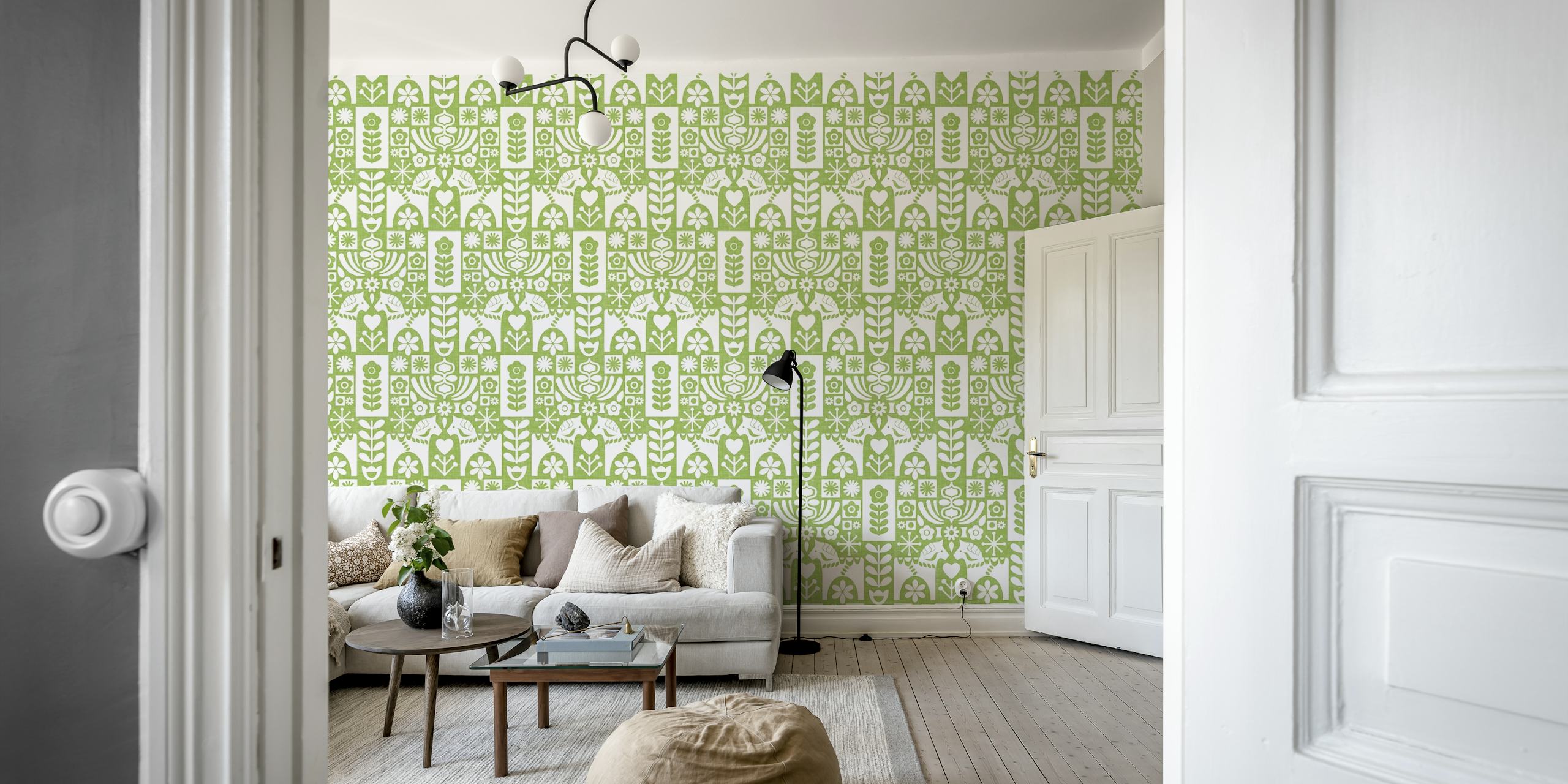 Green floral patterned wallpaper on a white background, mid-century modern style