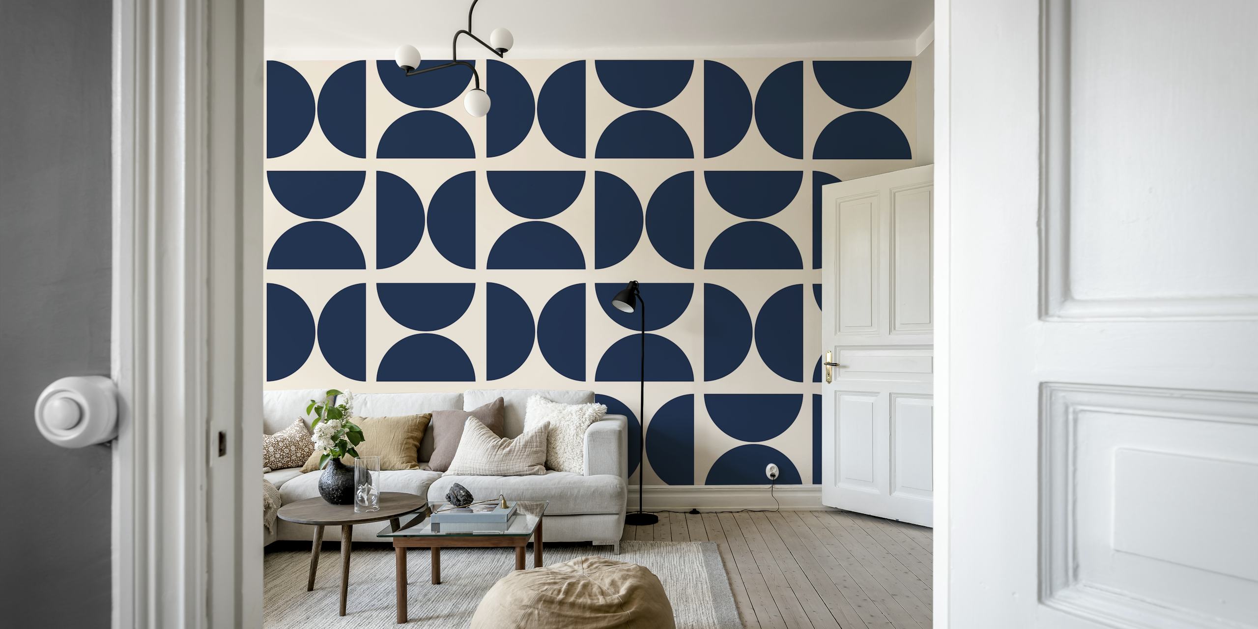 Abstract Midnight Blue Bauhaus wall mural with semi-circle pattern