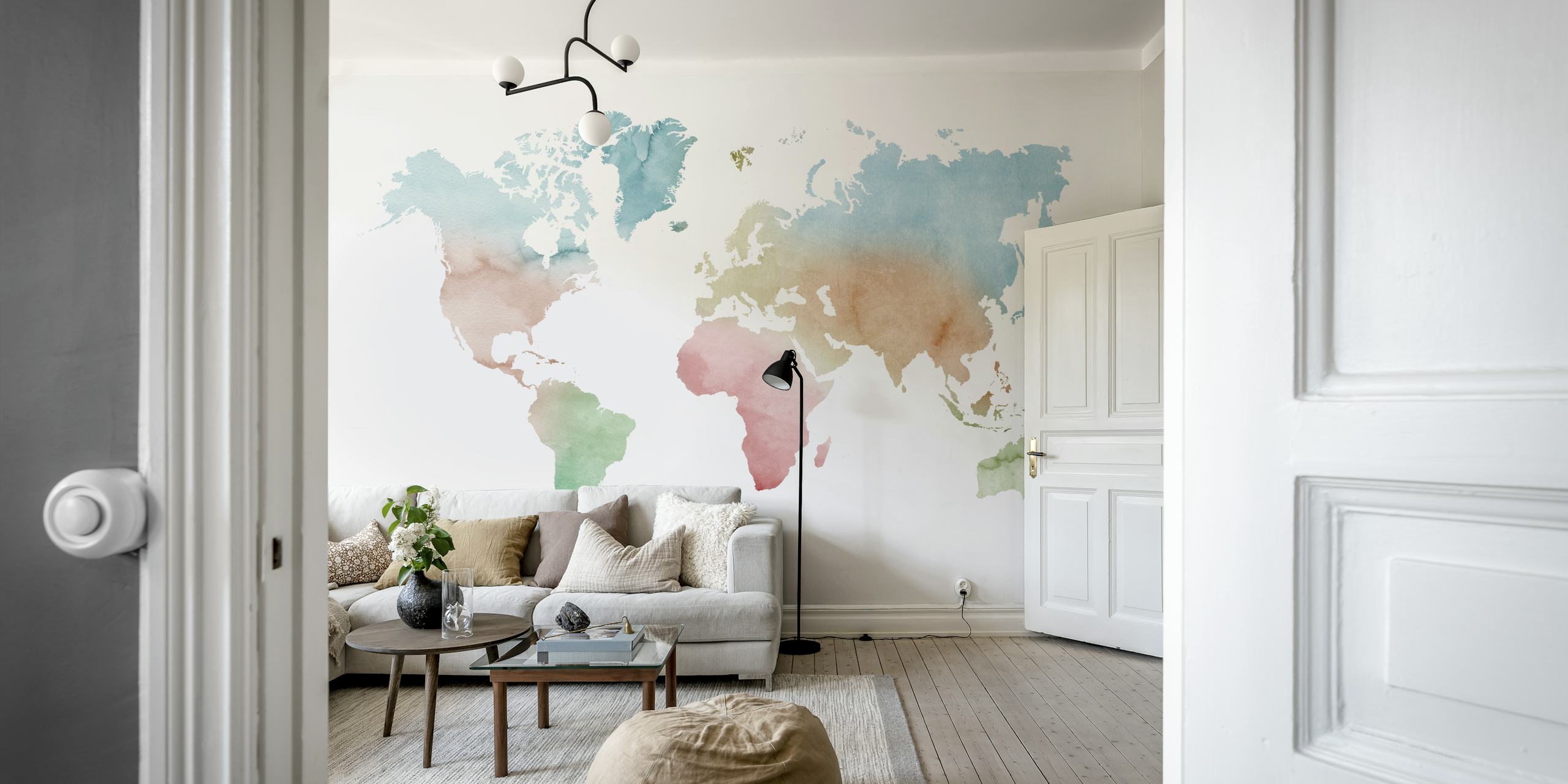 Pastels watercolor world map tapet i ett rum
