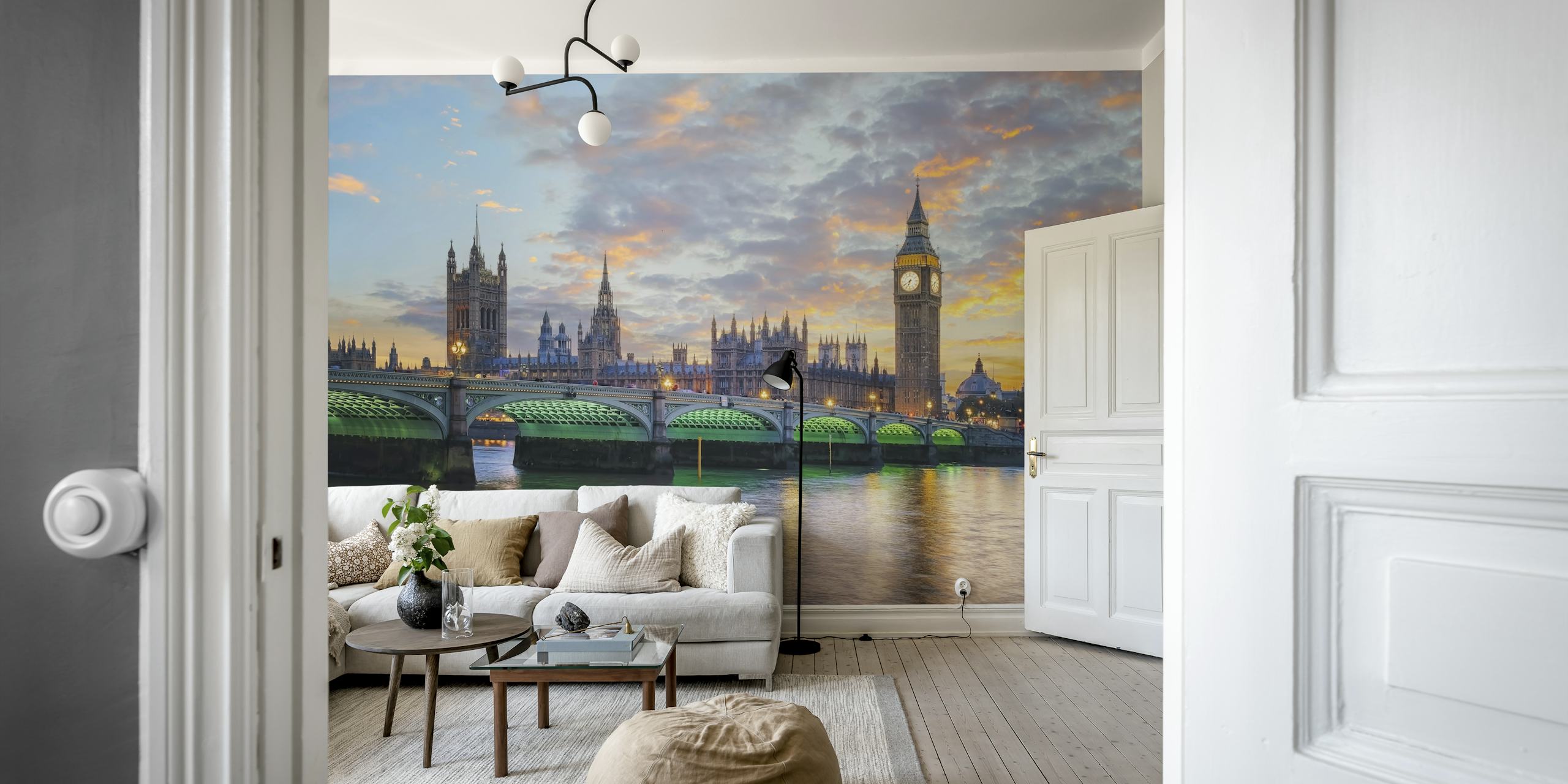 Palace of Westminster and Big Ben wall mural over the Thames at dusk