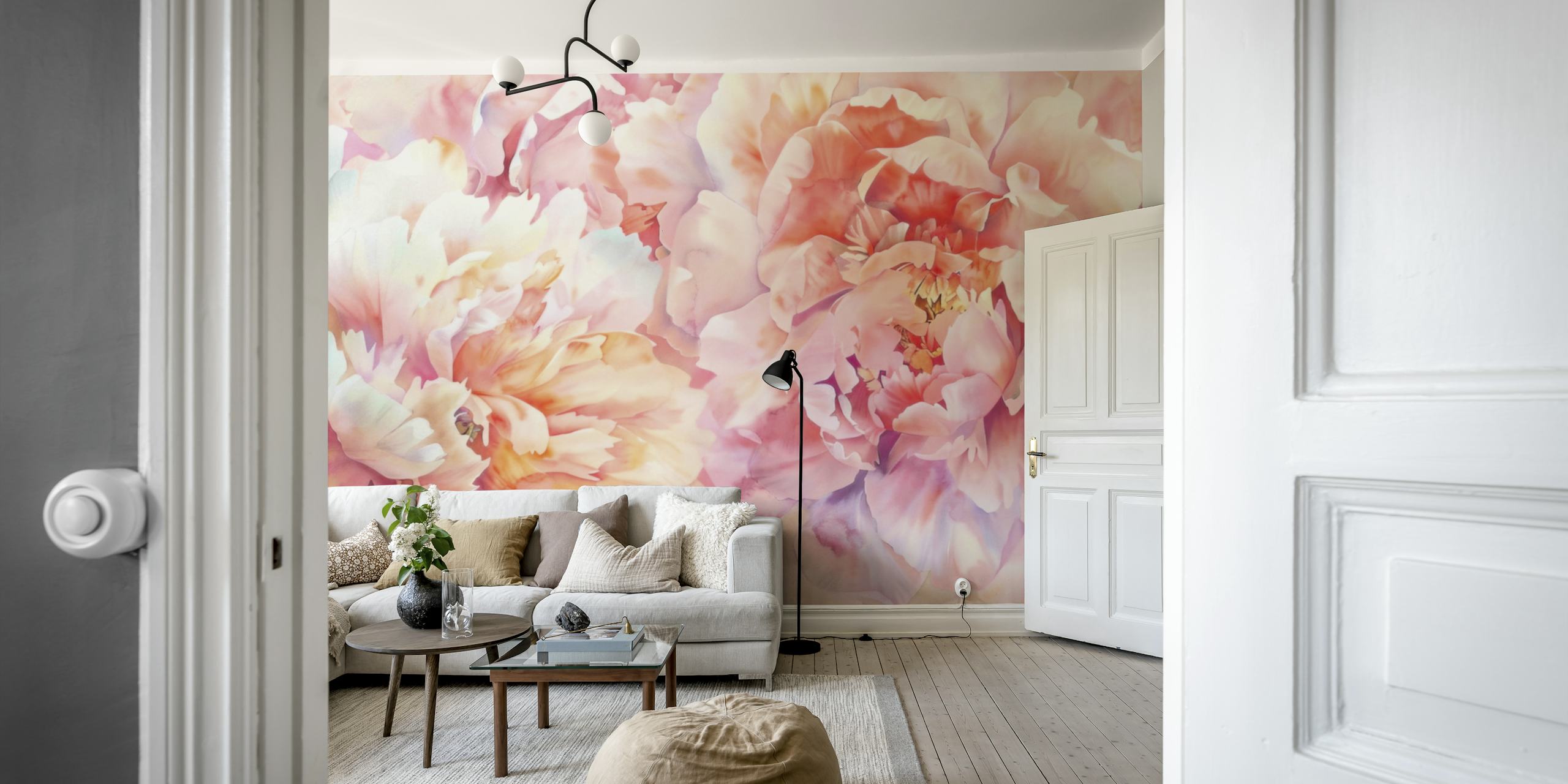 Peach watercolor peonies σε ένα δωμάτιο