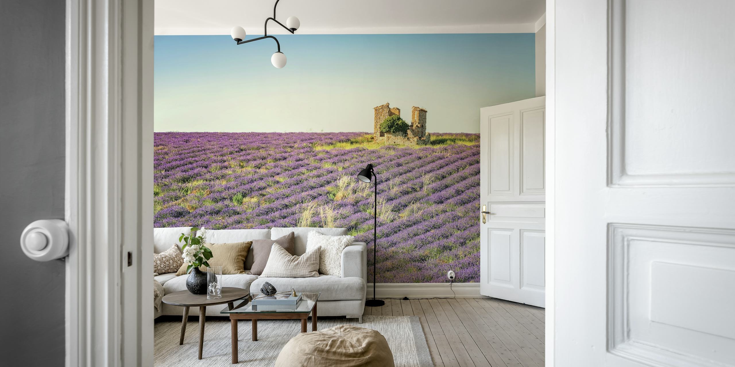 Old ruin wallpaper with lavender fields