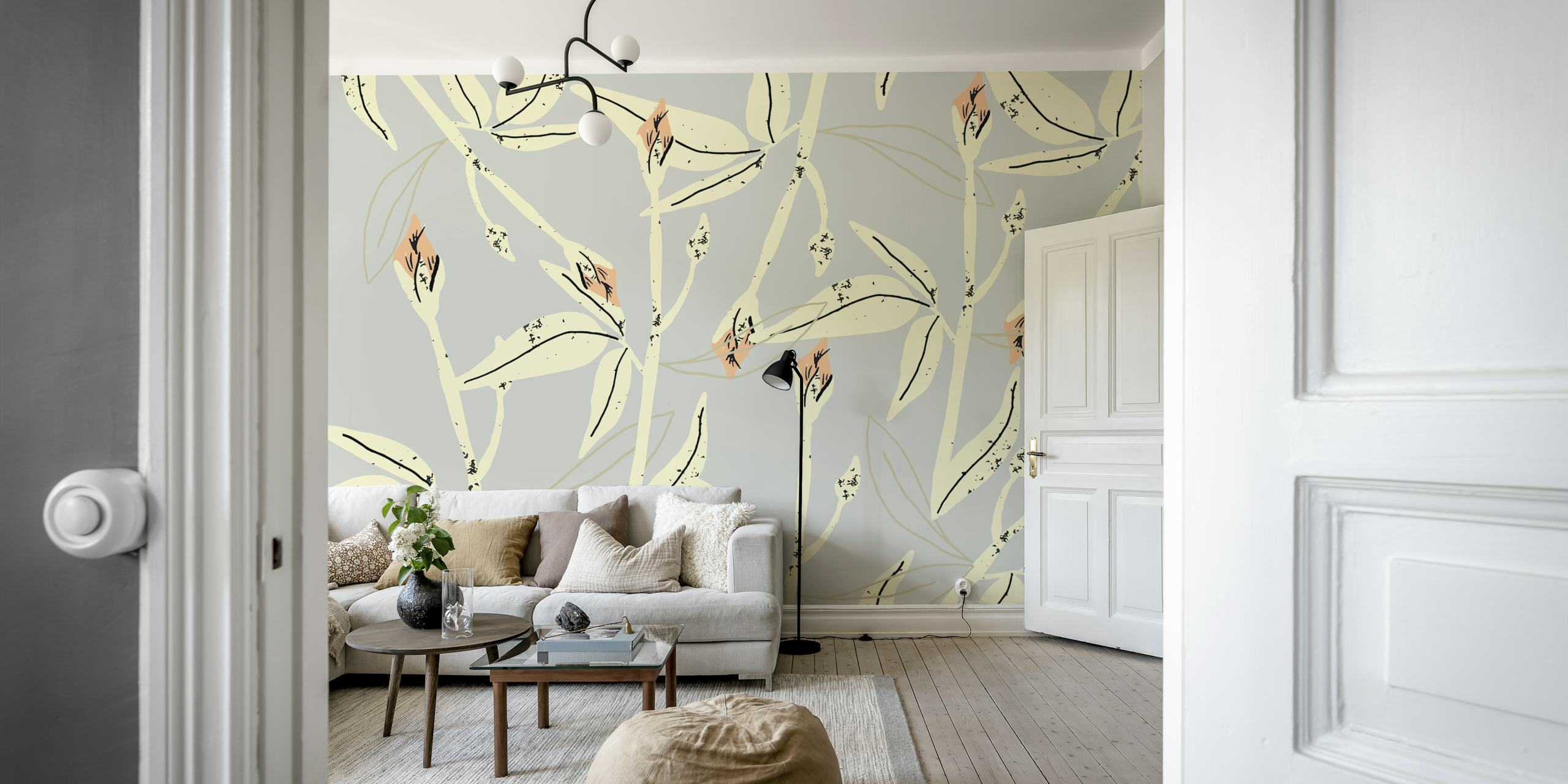 Soft grey and cream floral patterns with vintage style wallpaper