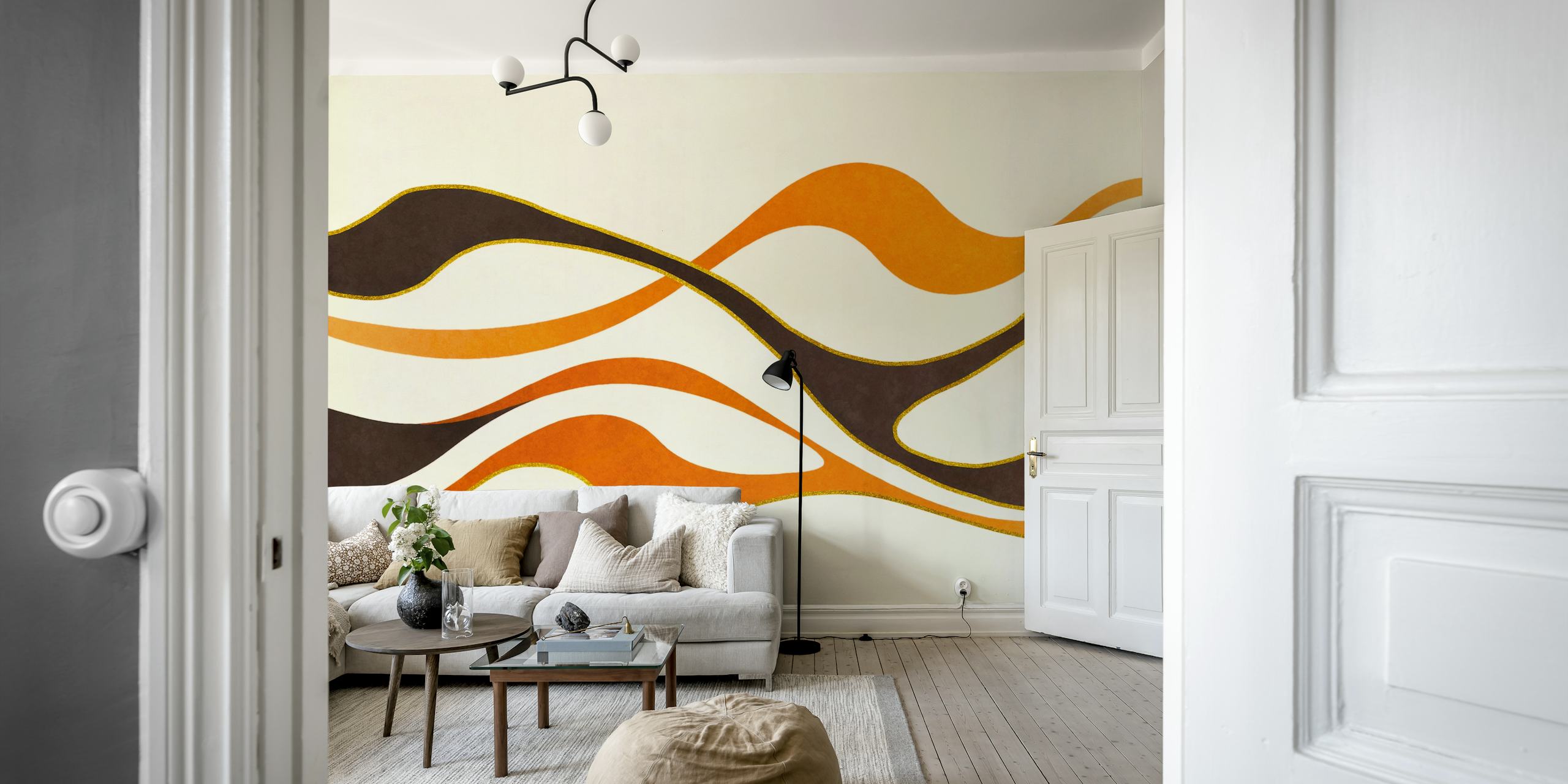 Abstract warm watercolor waves wallpaper in a room
