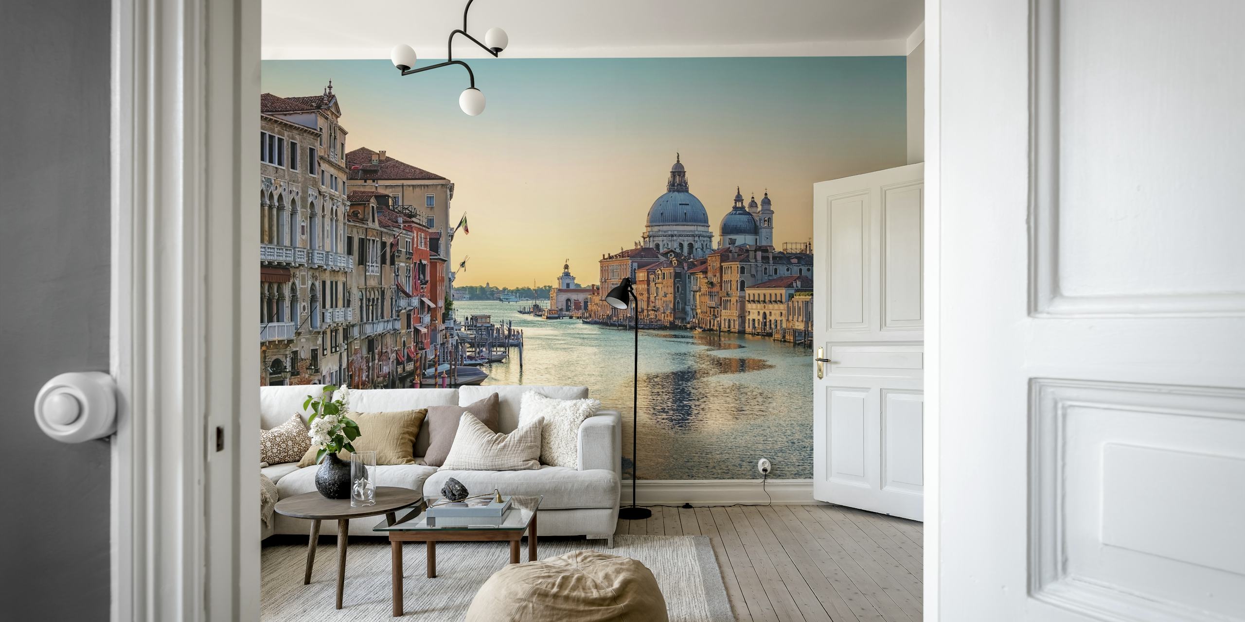 Venice Grand Canal sunrise wall mural with a boat and historical buildings