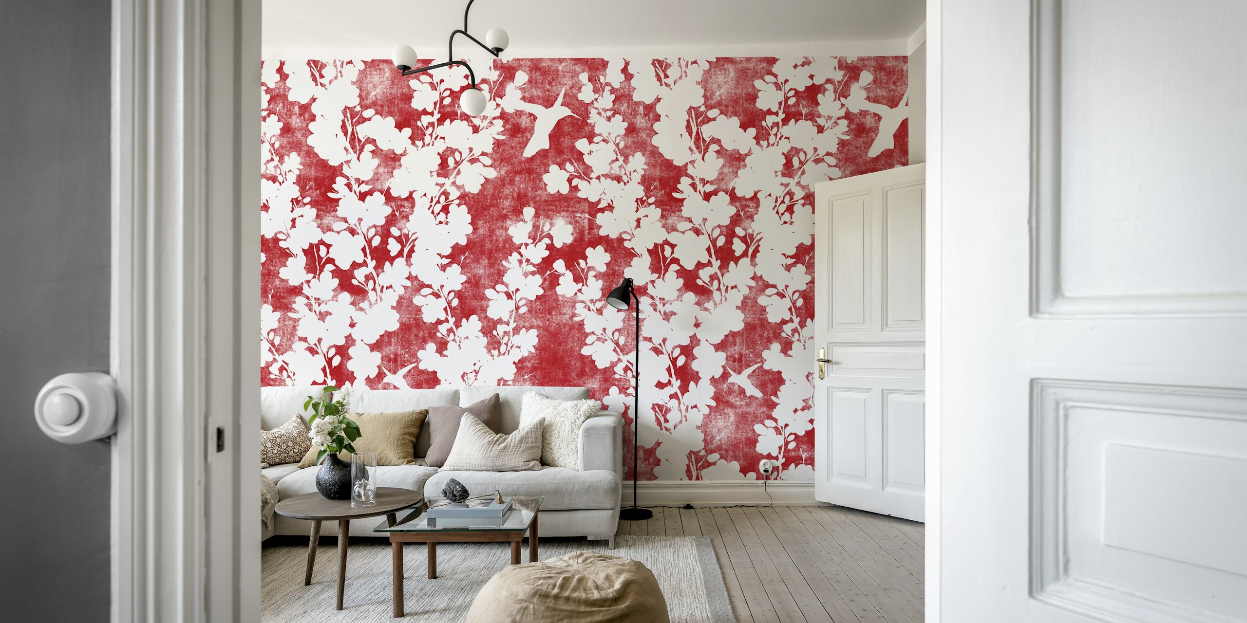Scarlet red background with white cherry blossom silhouette pattern wall mural