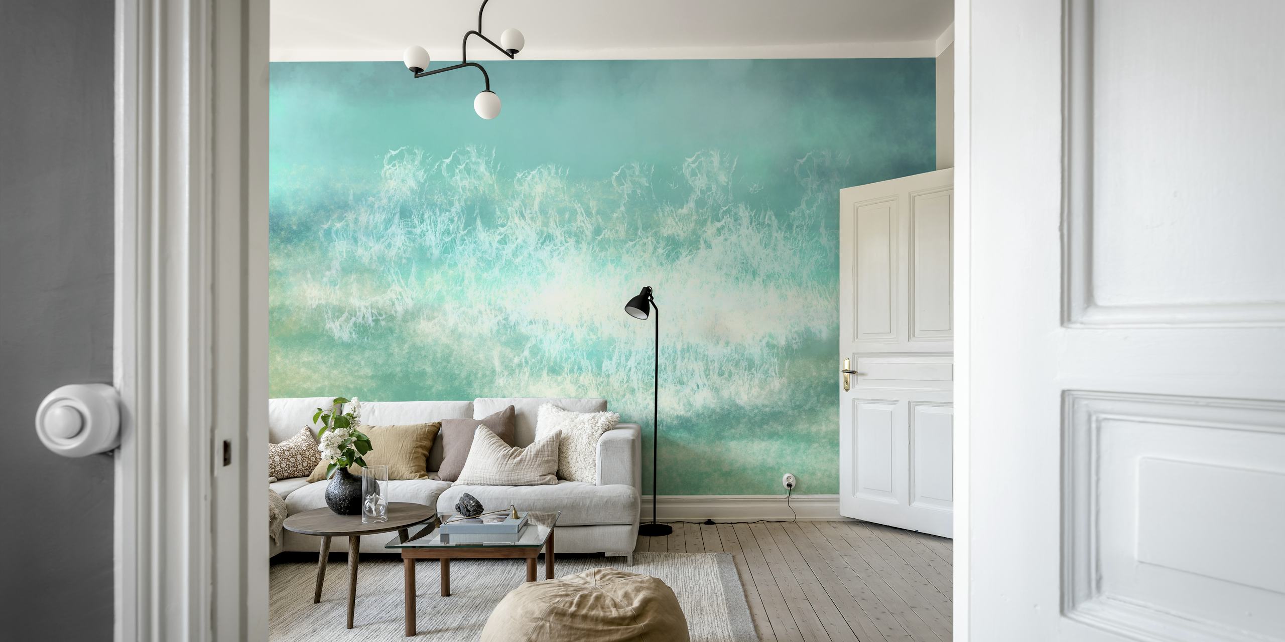 Pacific Breeze Peinture murale à l'aquarelle représentant des vagues tranquilles de l'océan dans des tons bleus et verts aquarelles