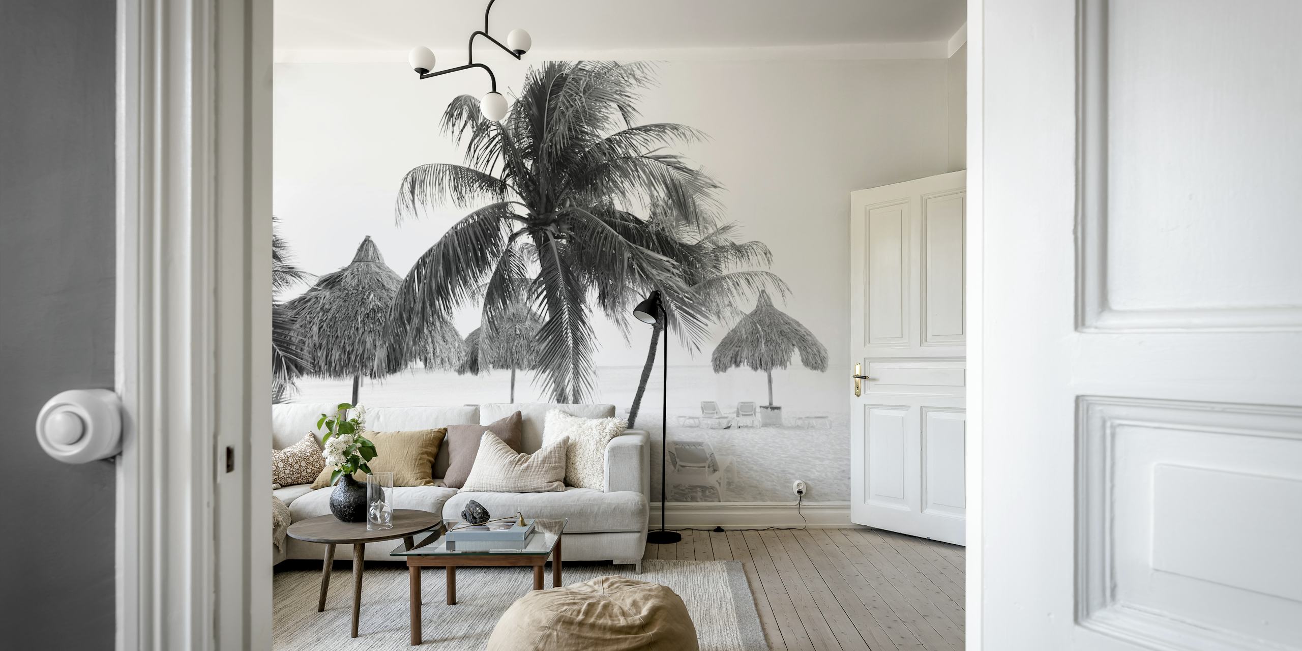 Palm trees on a beach in black and white style wallpaper