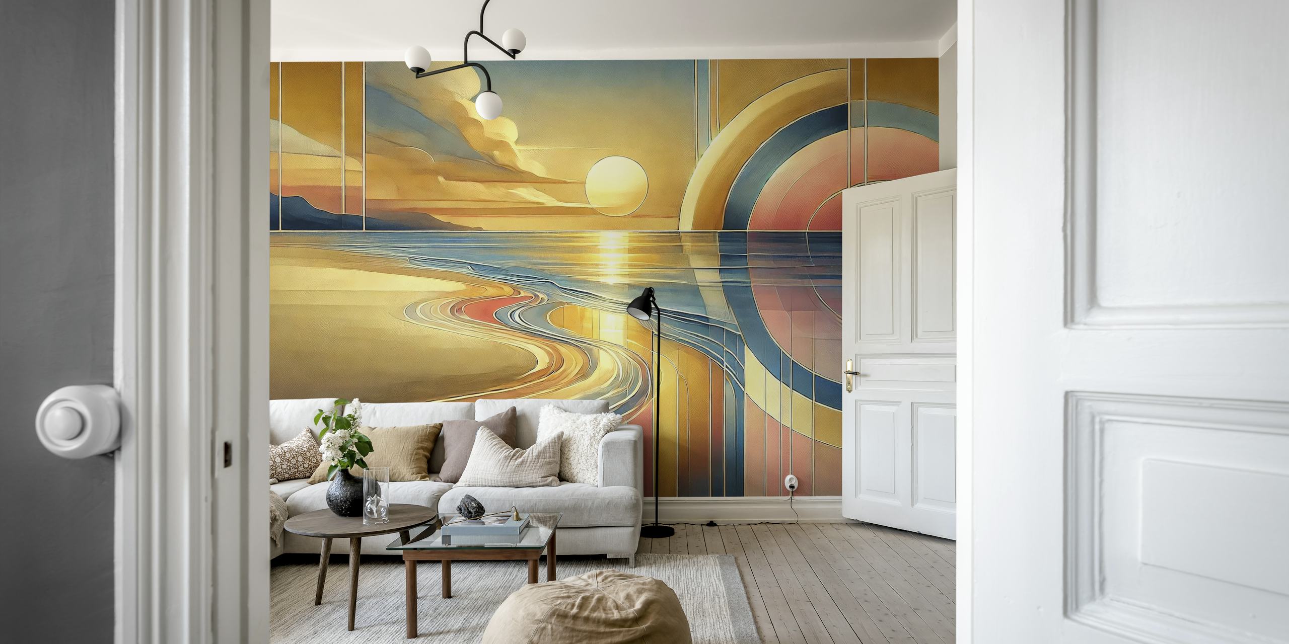 Art Deco wallpaper featuring geometric shapes and a sunset color palette