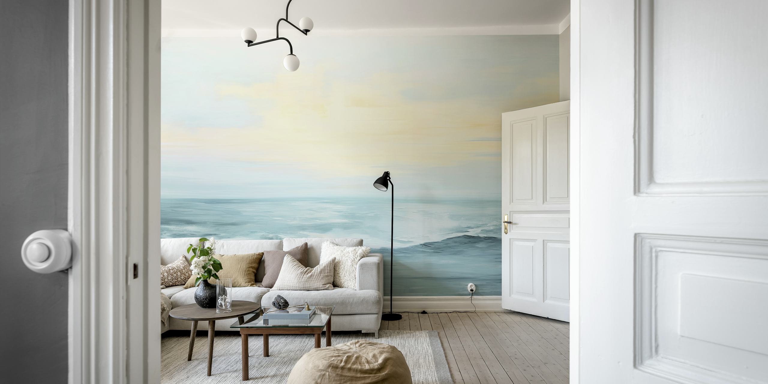 Ocean waves with soft blue and pastel sky colors; abstract wallpaper