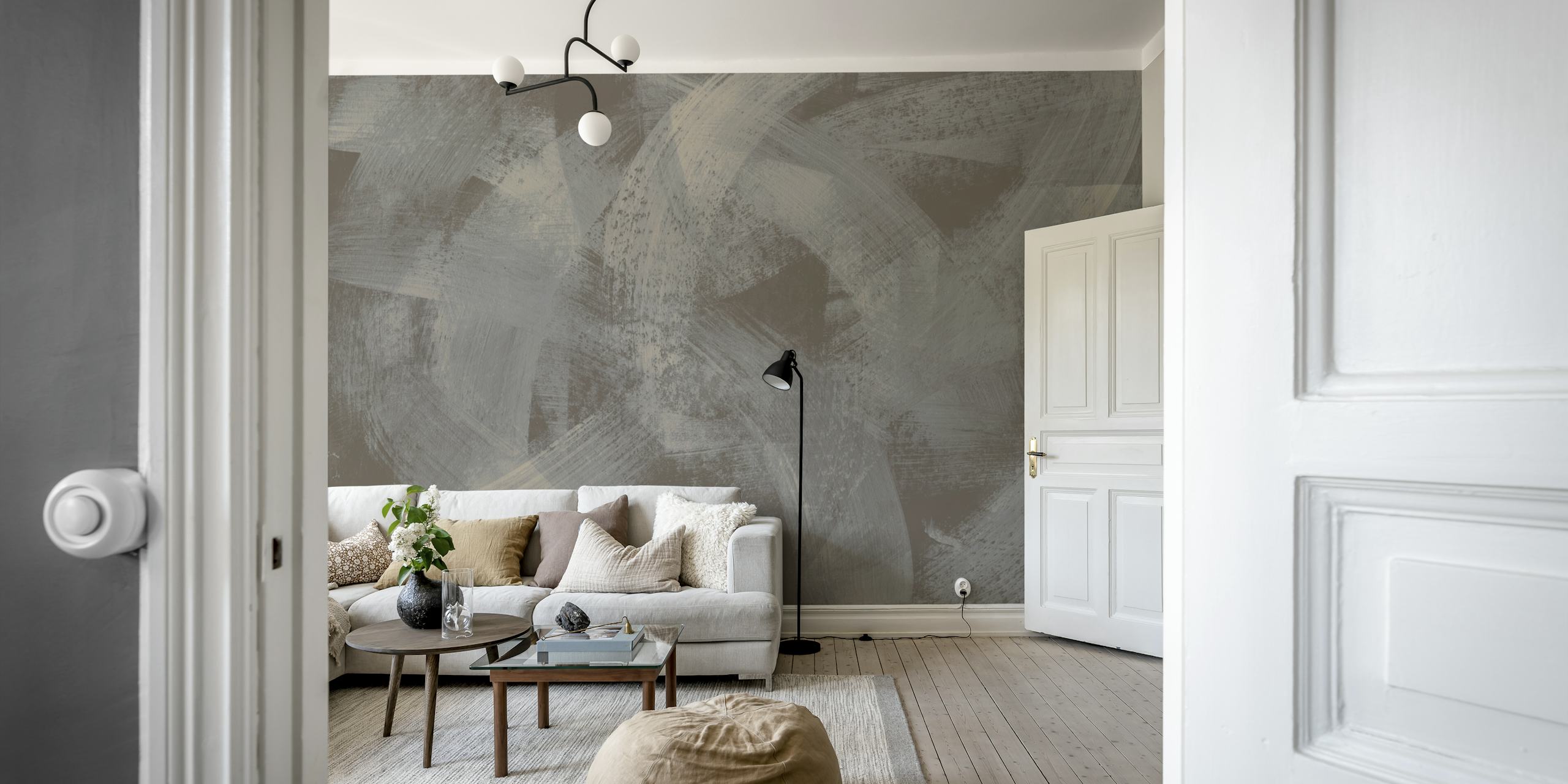 Abstract charcoal brush strokes wallpaper in a room