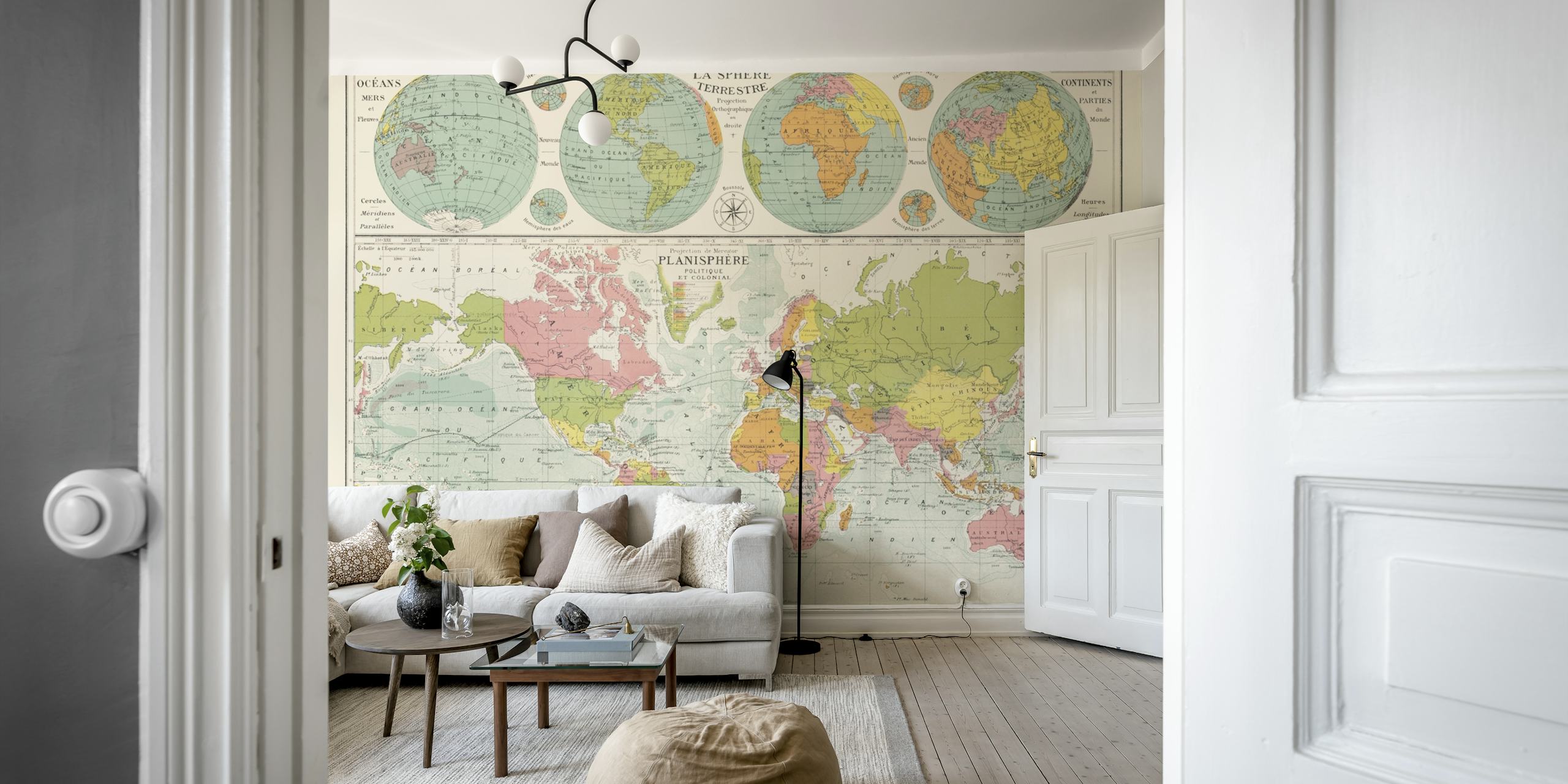 Vintage world map wallpaper in a room