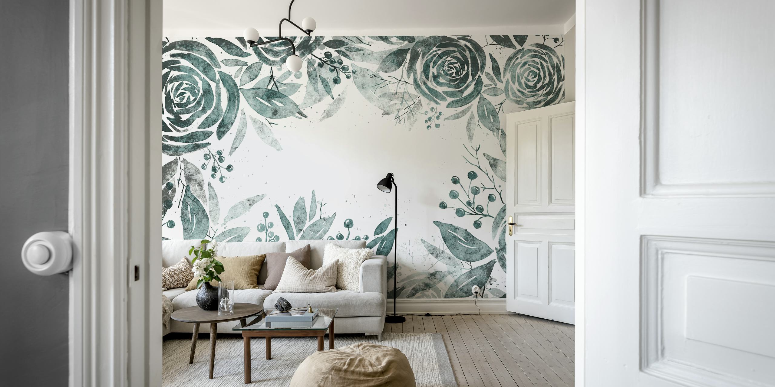 Dark floral wallpaper with green roses and leaves in watercolor style