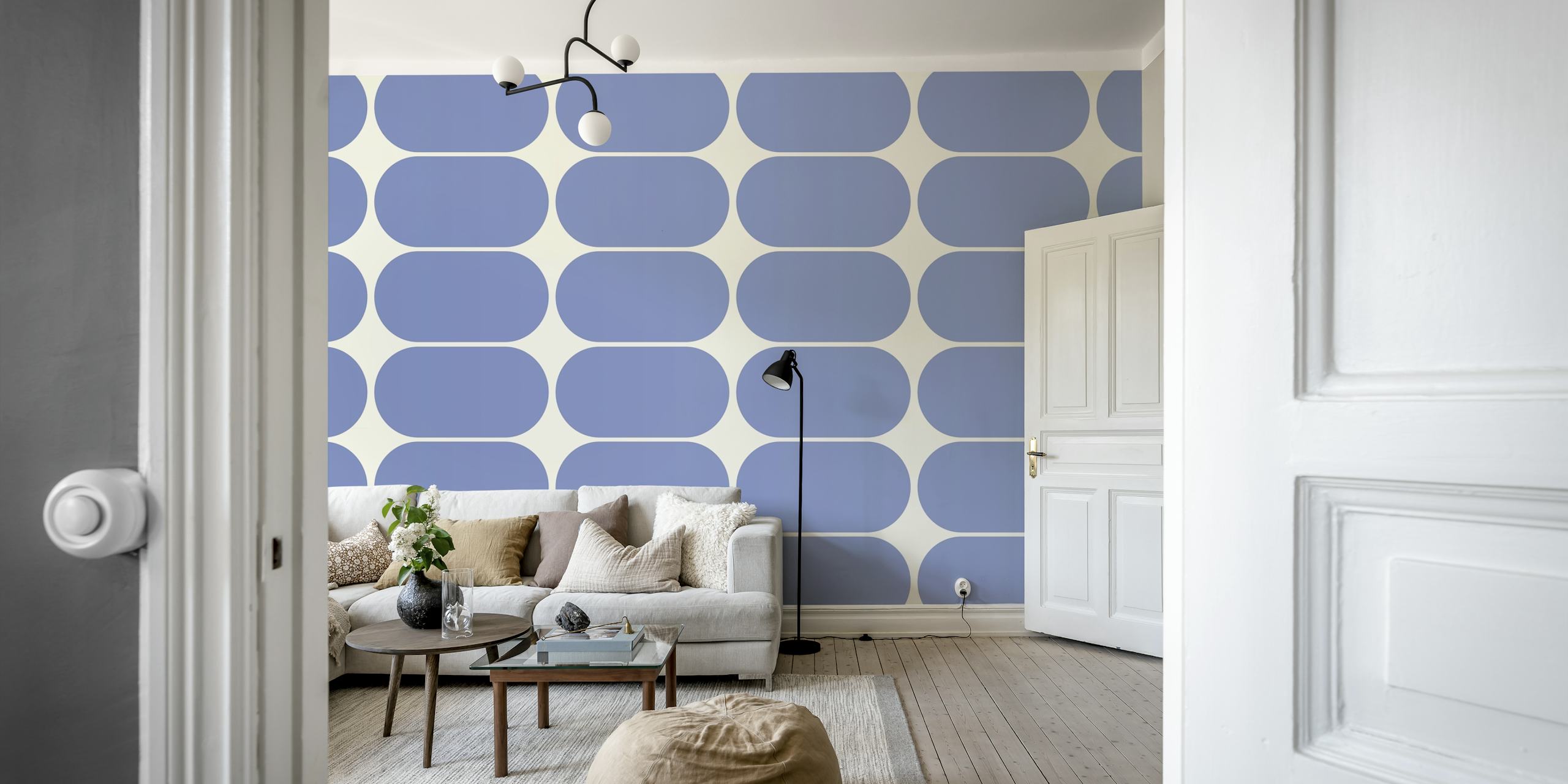 Retro Blue Pebbles wallpaper displayed in a room