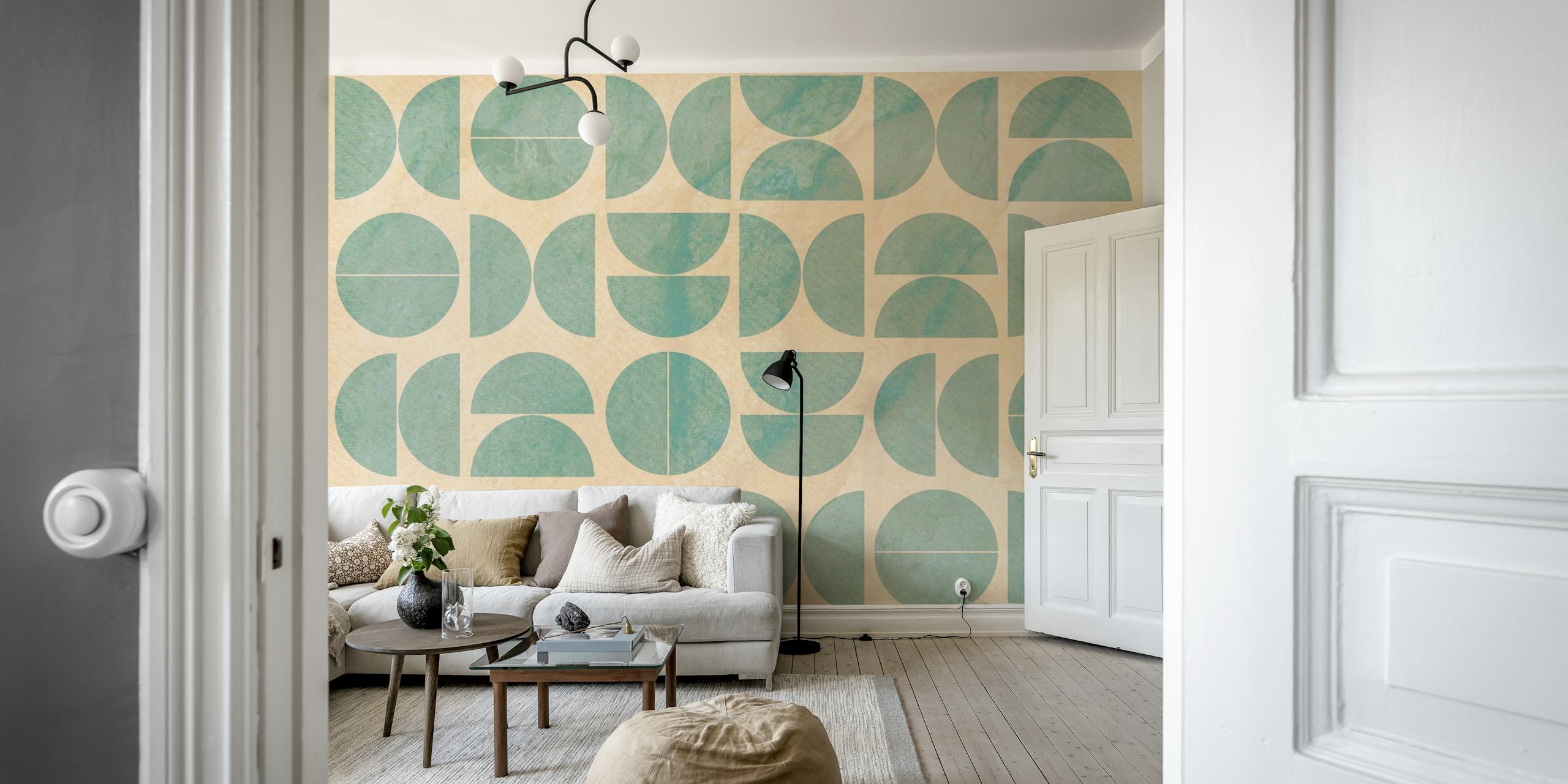 Geometric shapes in aqua and beige wallpaper
