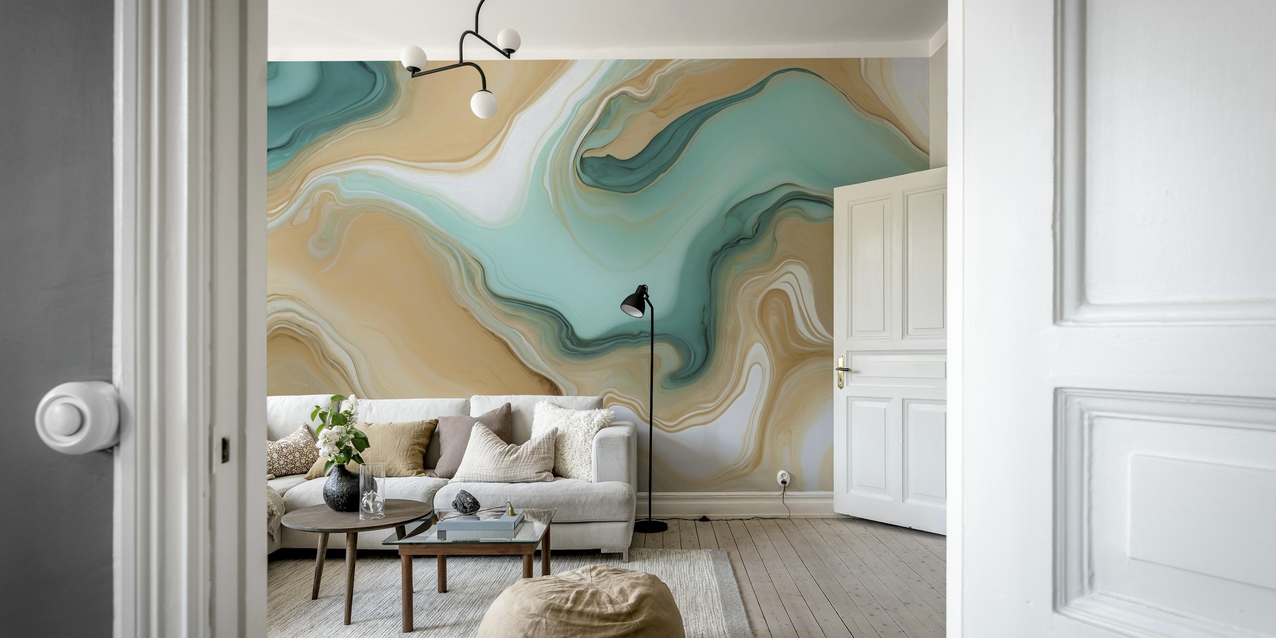 Marbled Flow Art Beige Og Mint Tapet I Et Rom