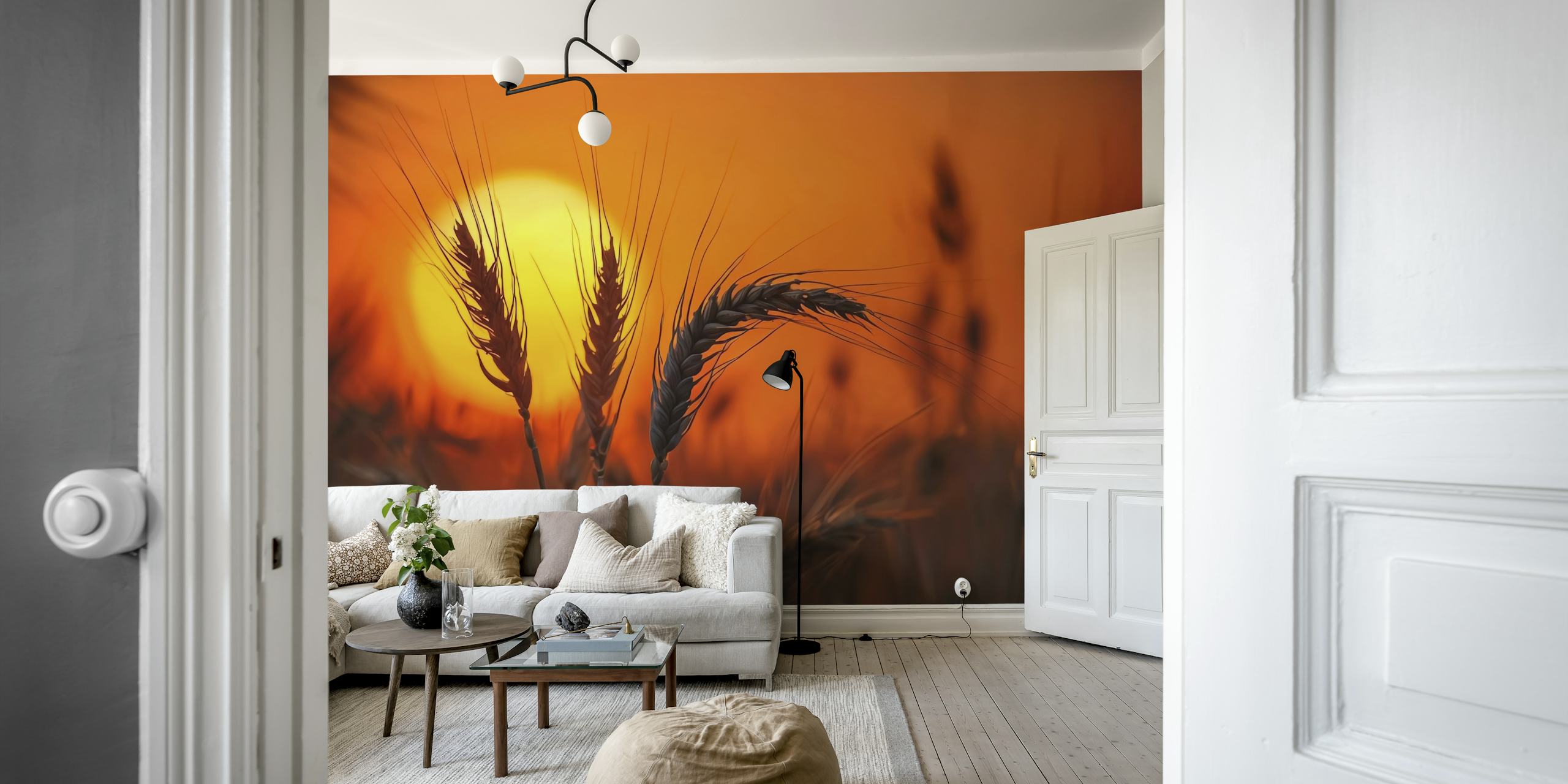 Silhouetted wheat against a warm orange sunset wallpaper