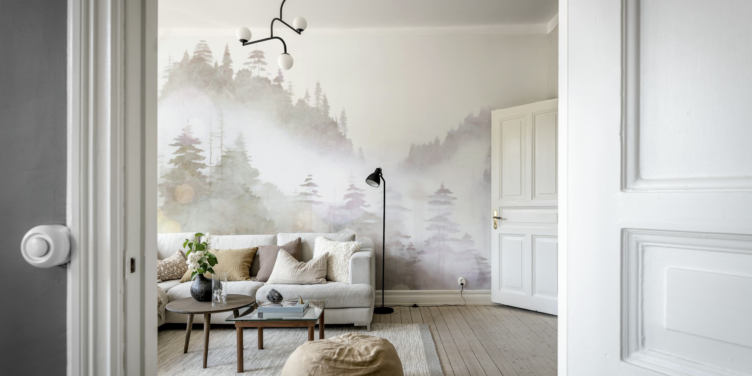 Watercolor of misty pine tree silhouettes in grey tones wallpaper