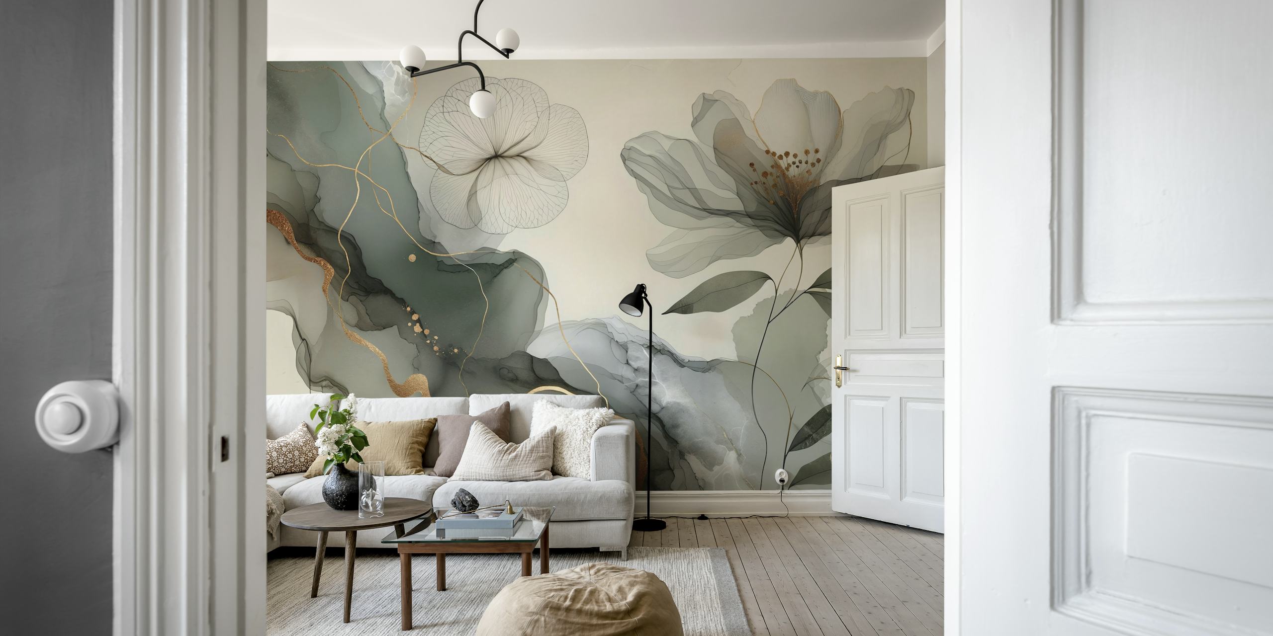 Sage green abstract floral wallpaper with gold accents