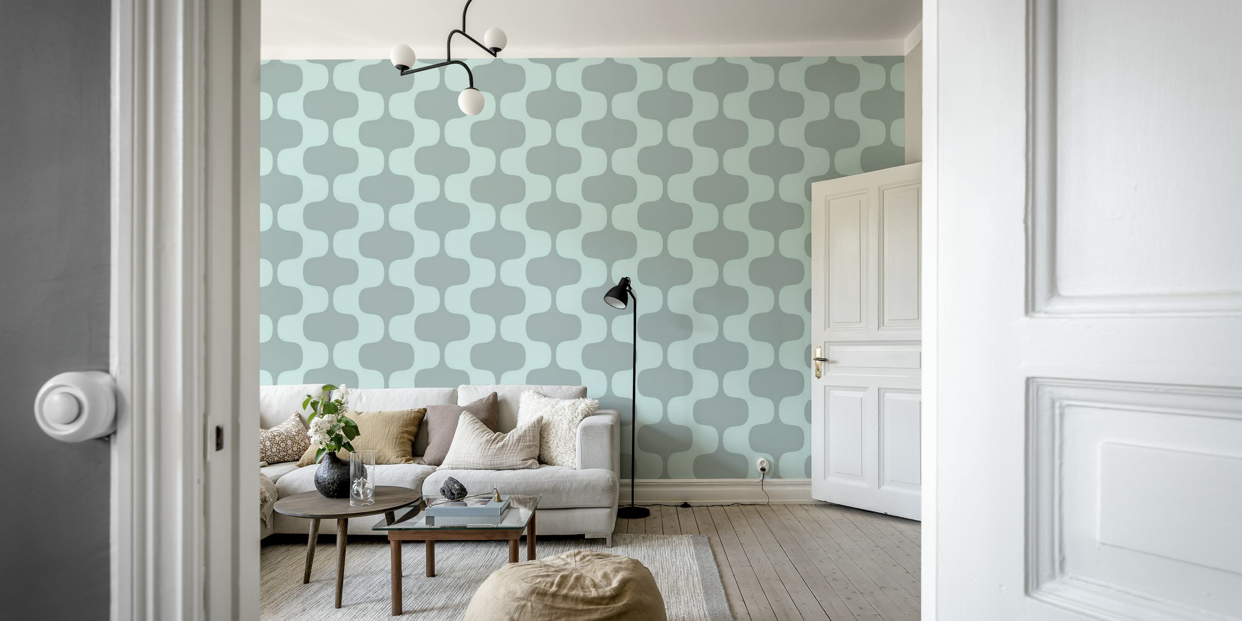 Geometric shapes in seafoam green and gray wallpaper