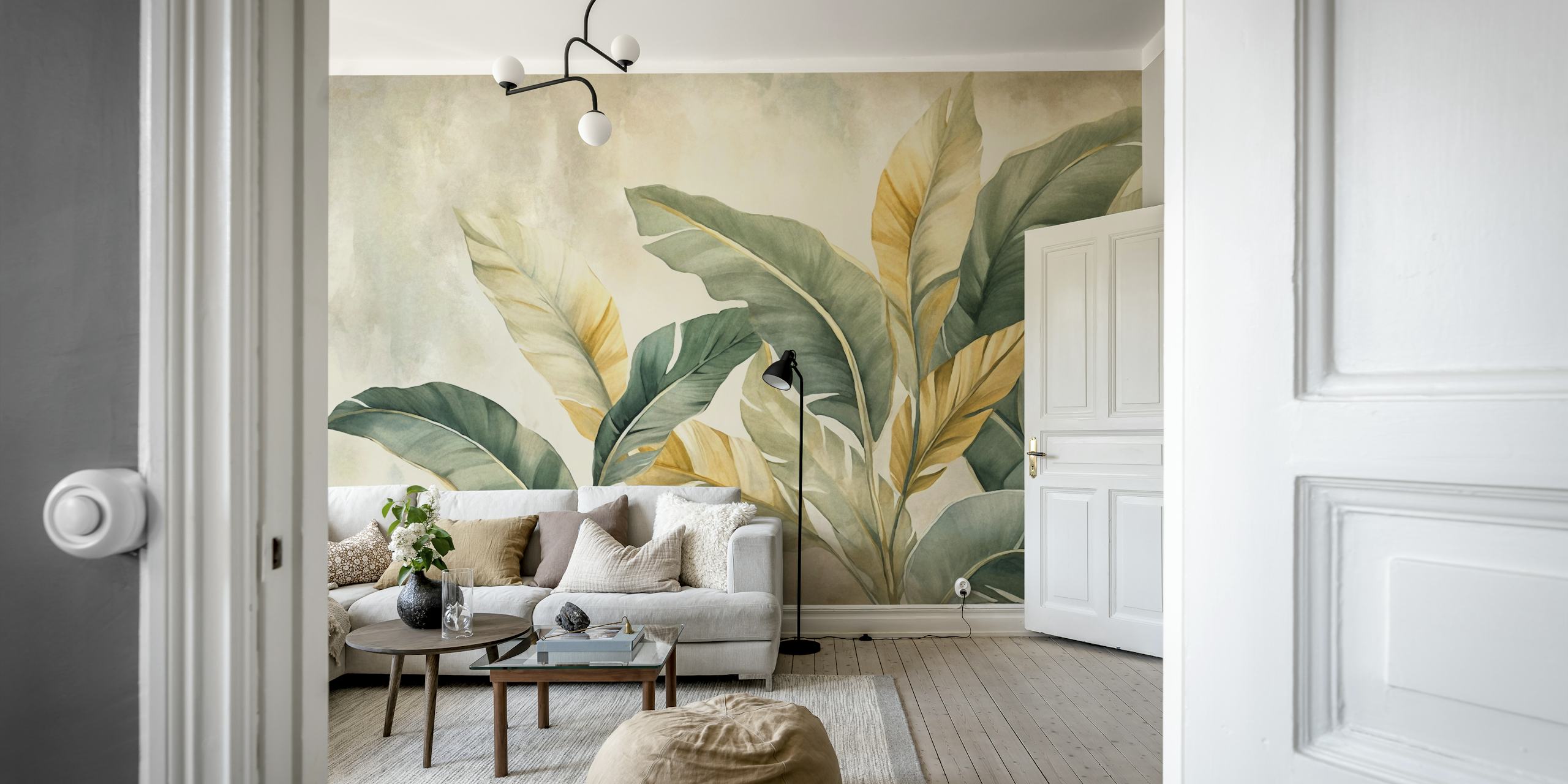 Tropical palm fronds in soft green and gold tones wallpaper