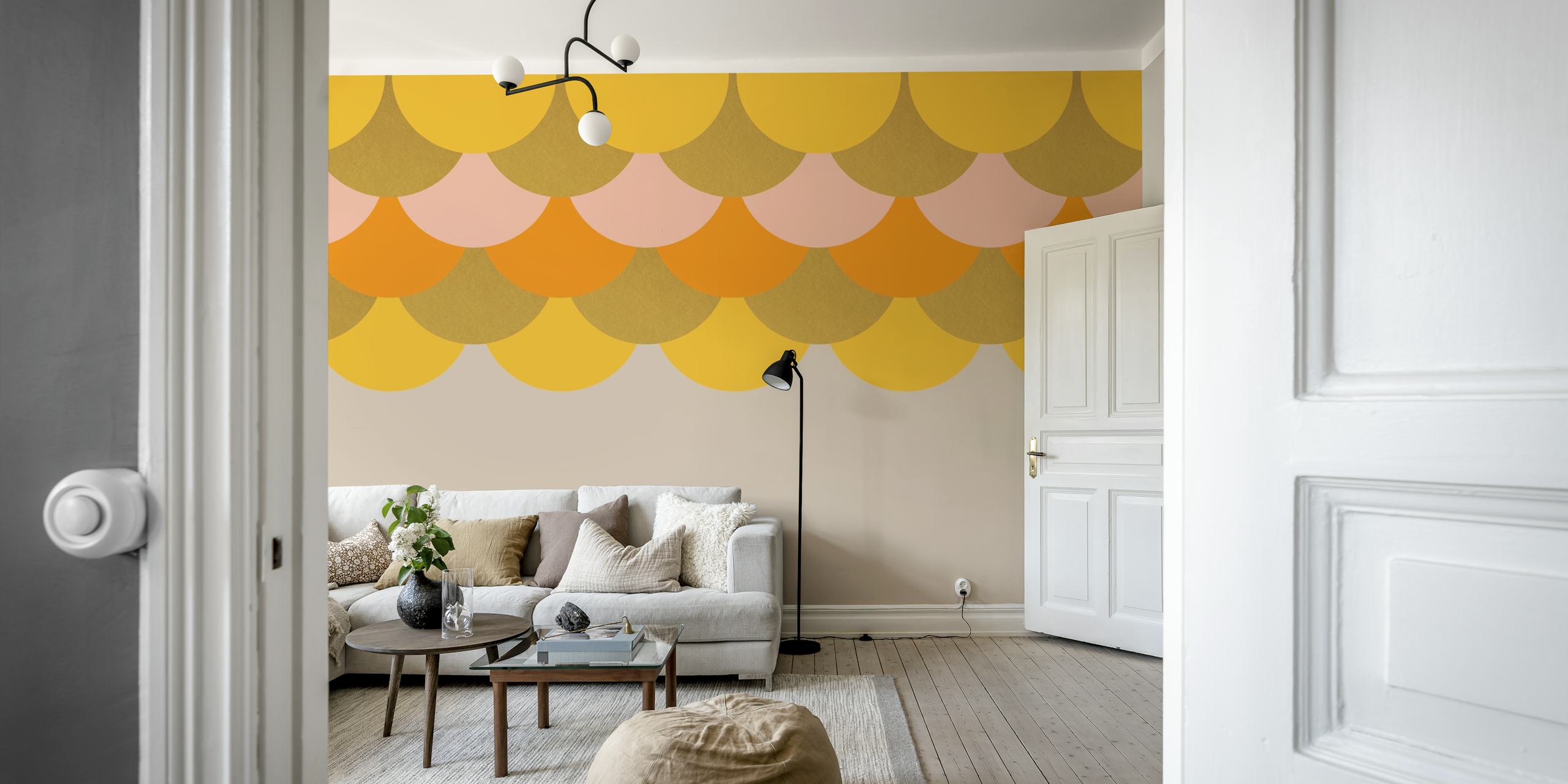 Colorful retro scales pattern in yellow, orange, and pink wallpaper