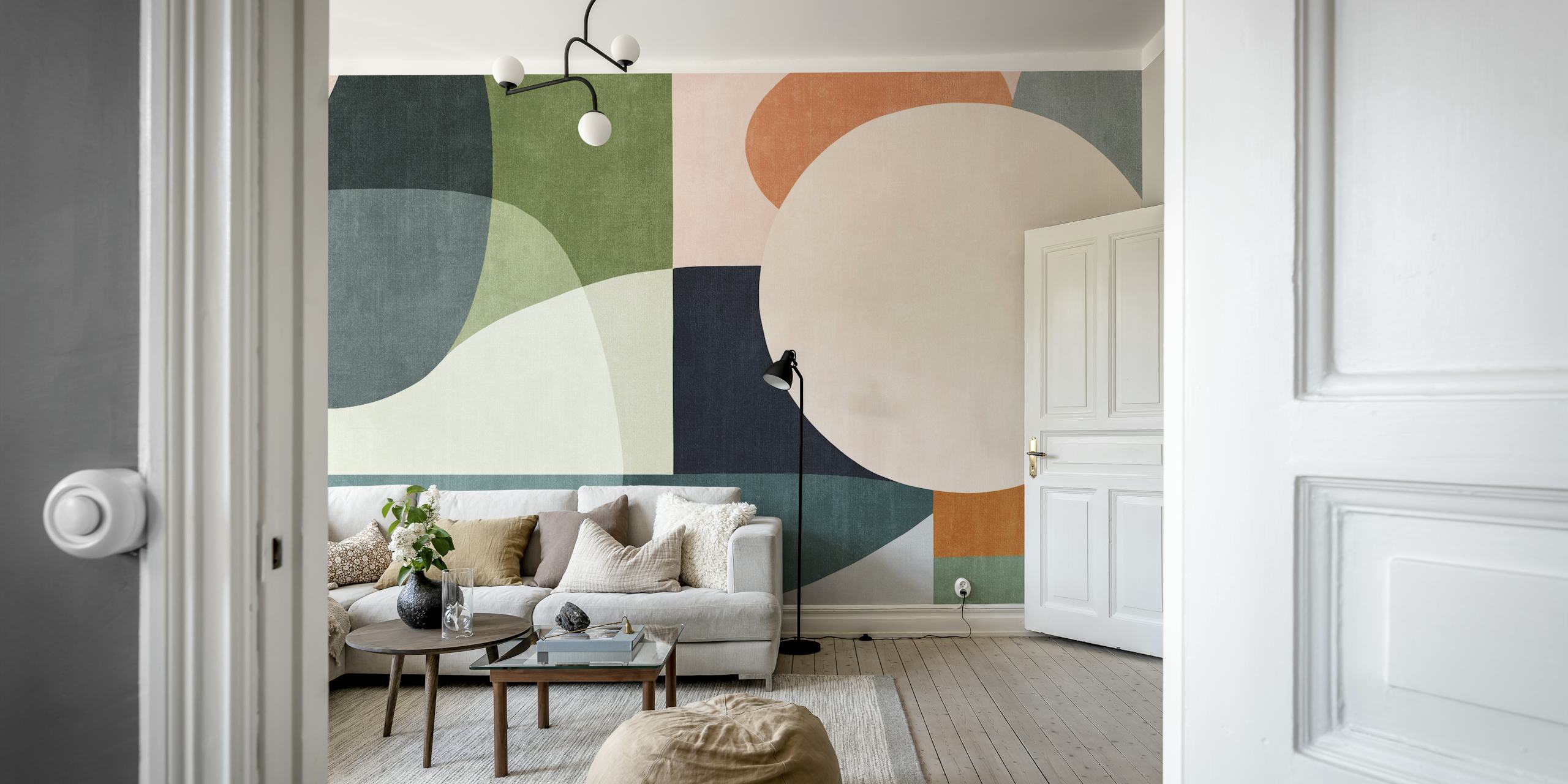 Color block wallpaper with pastel circles and shapes in greens, pinks, and blues.