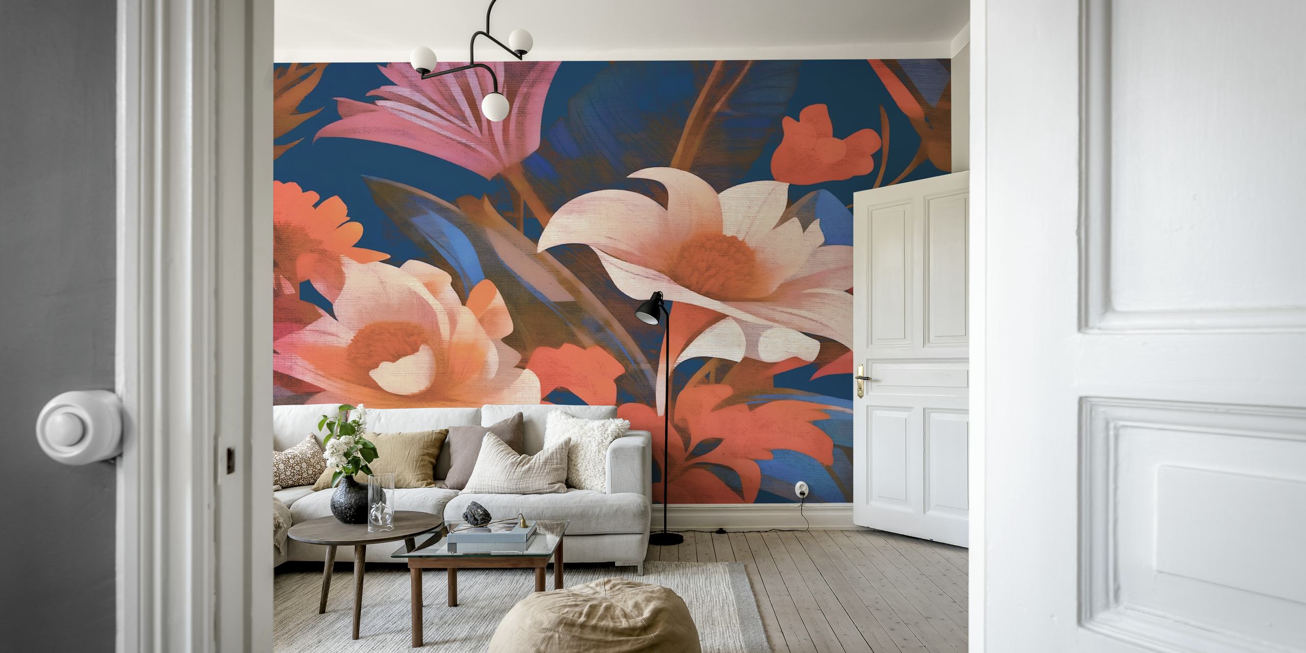 Floral patterns in shades of white, pink, and orange on dark blue wallpaper