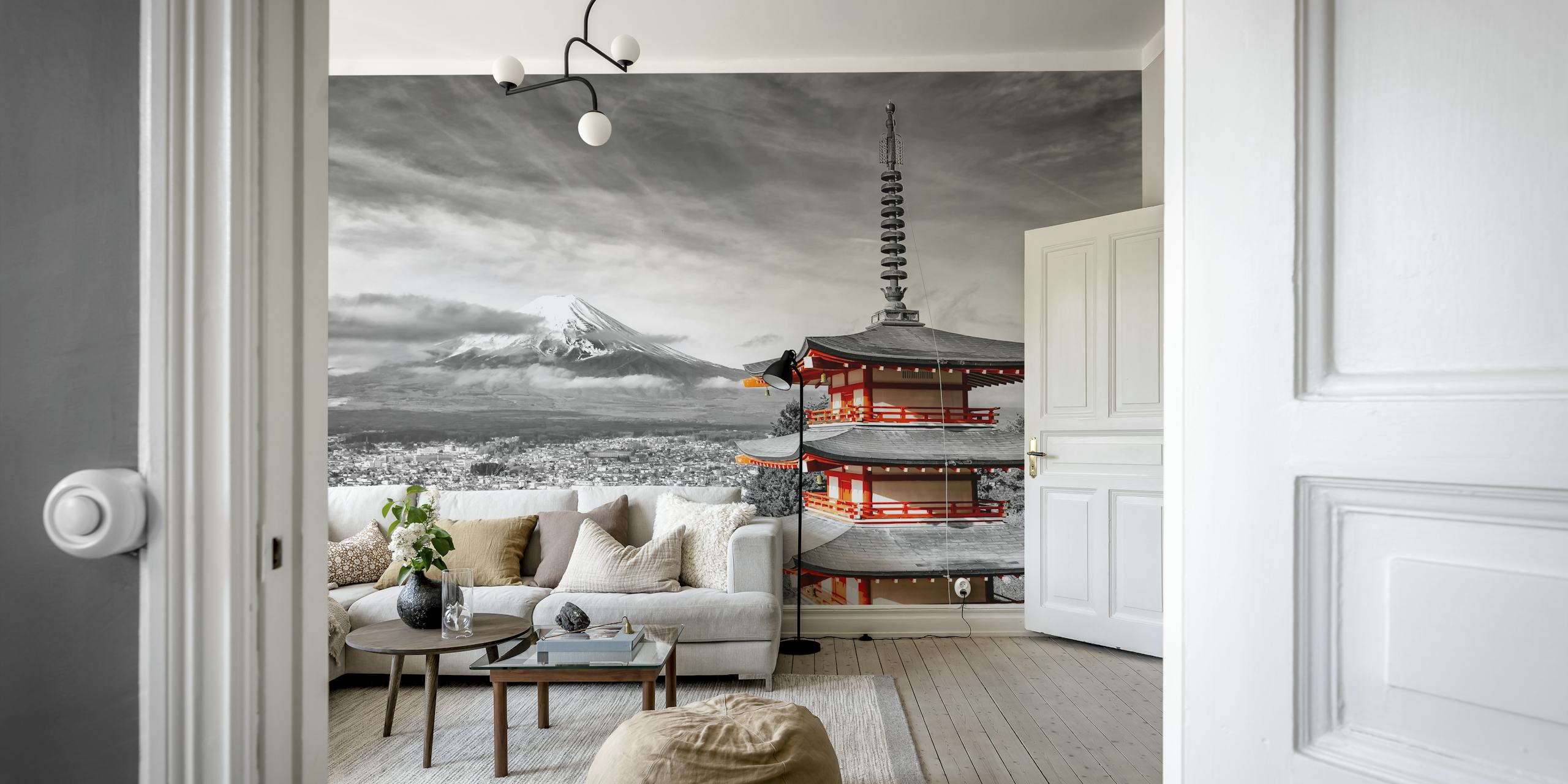 Black and white wallpaper featuring Mount Fuji and Chureito Pagoda